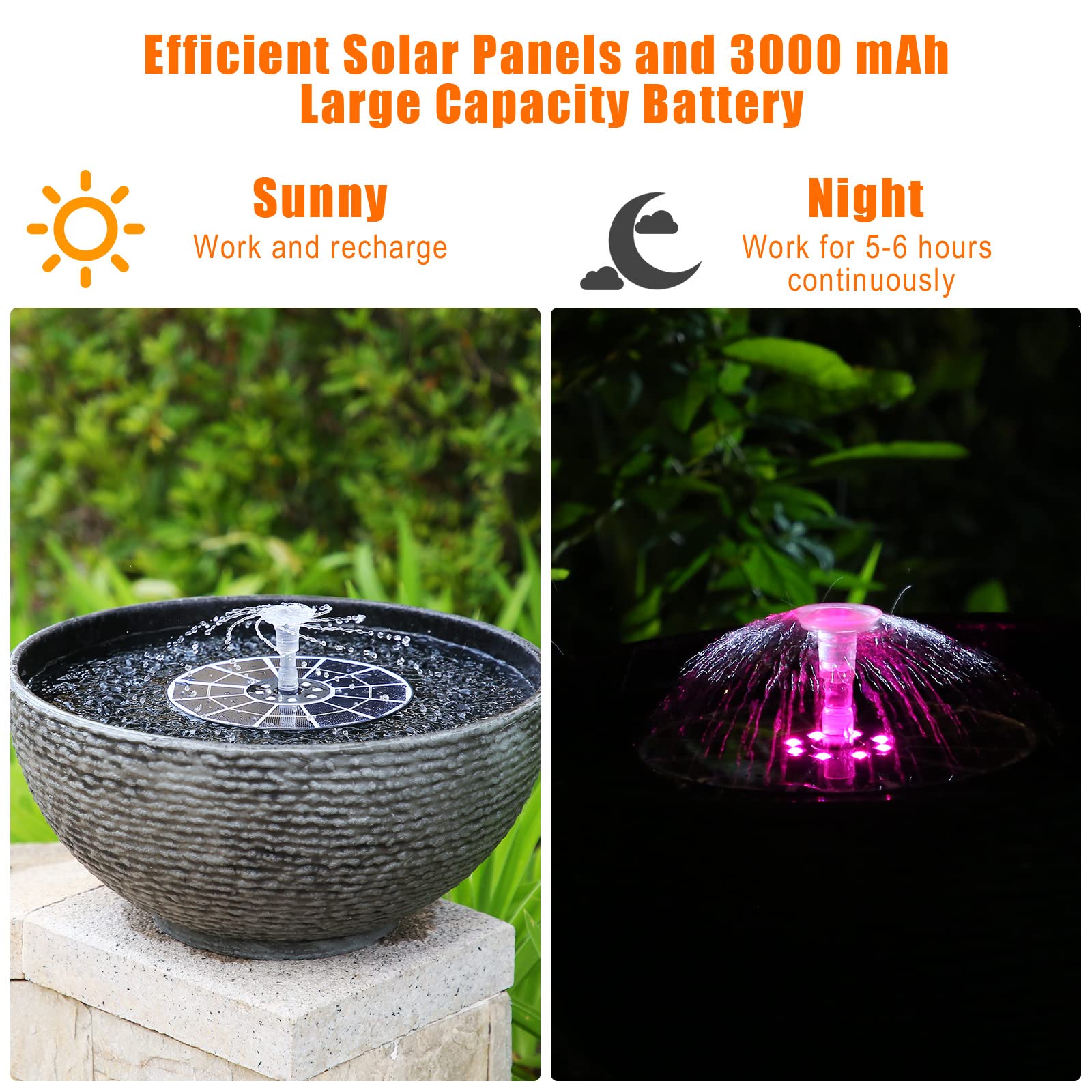 AISITIN Fuente Solar Jardin Exterior 3,5W LED con Soporte Ajustable, Fuente Solar Flotante con Batería Recargable, Diferentes Boquillas y Luz Multicolor para Piscina, Estanque Jardin, DIY
