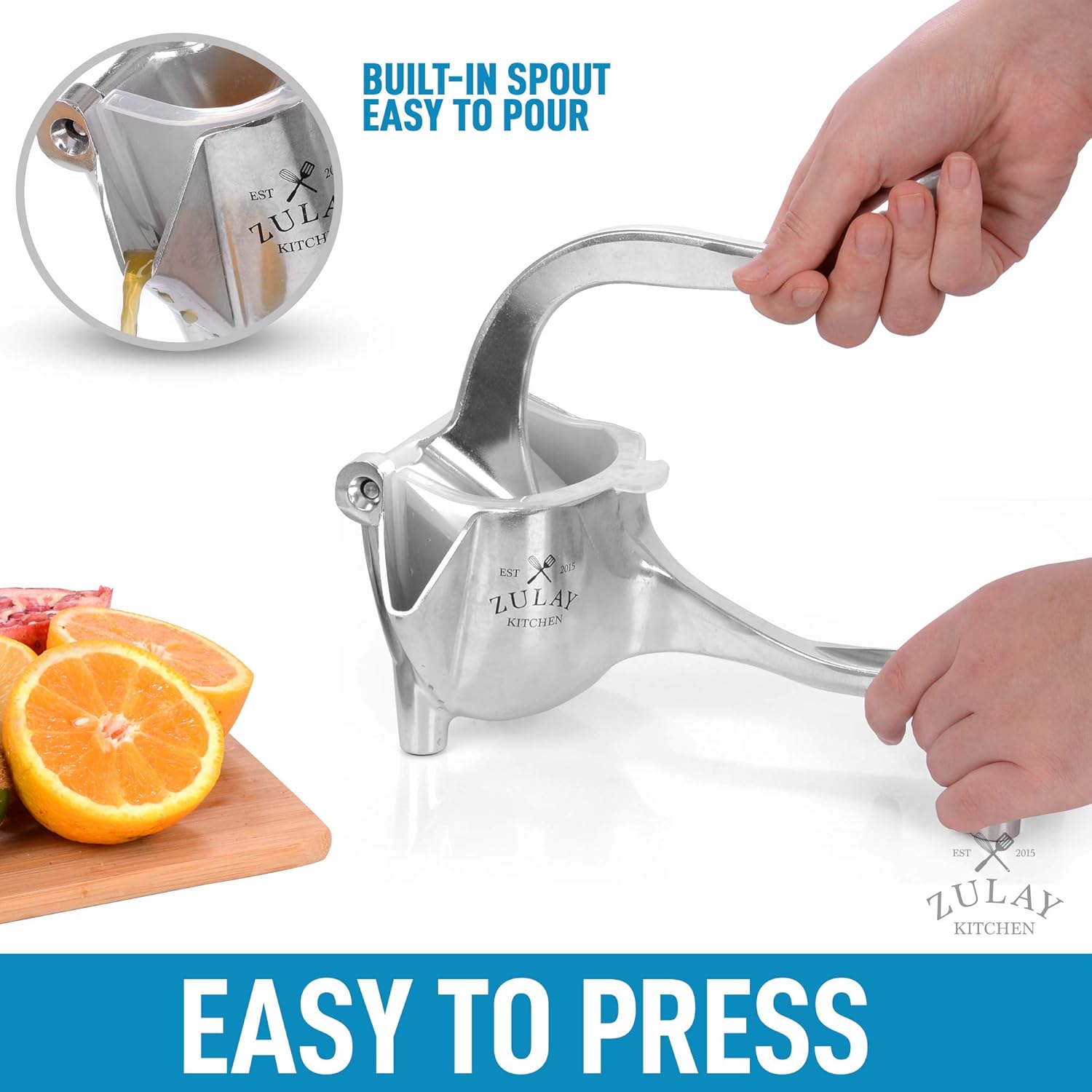 Zulay Fruit Manual Juicer- Heavy Duty Juice Press Squeezer with Detachable Lever & Removable Strainer - Fruit Press & Hand Juicer For Pomegranates, Lemons, Oranges, and More (Silver): Home & Kitchen