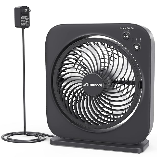 AMACOOL Table Fan 12 inch Box Fan with 3 Speeds 8HRS Timer 270 Pivoting Quiet Air Circulator Desktop