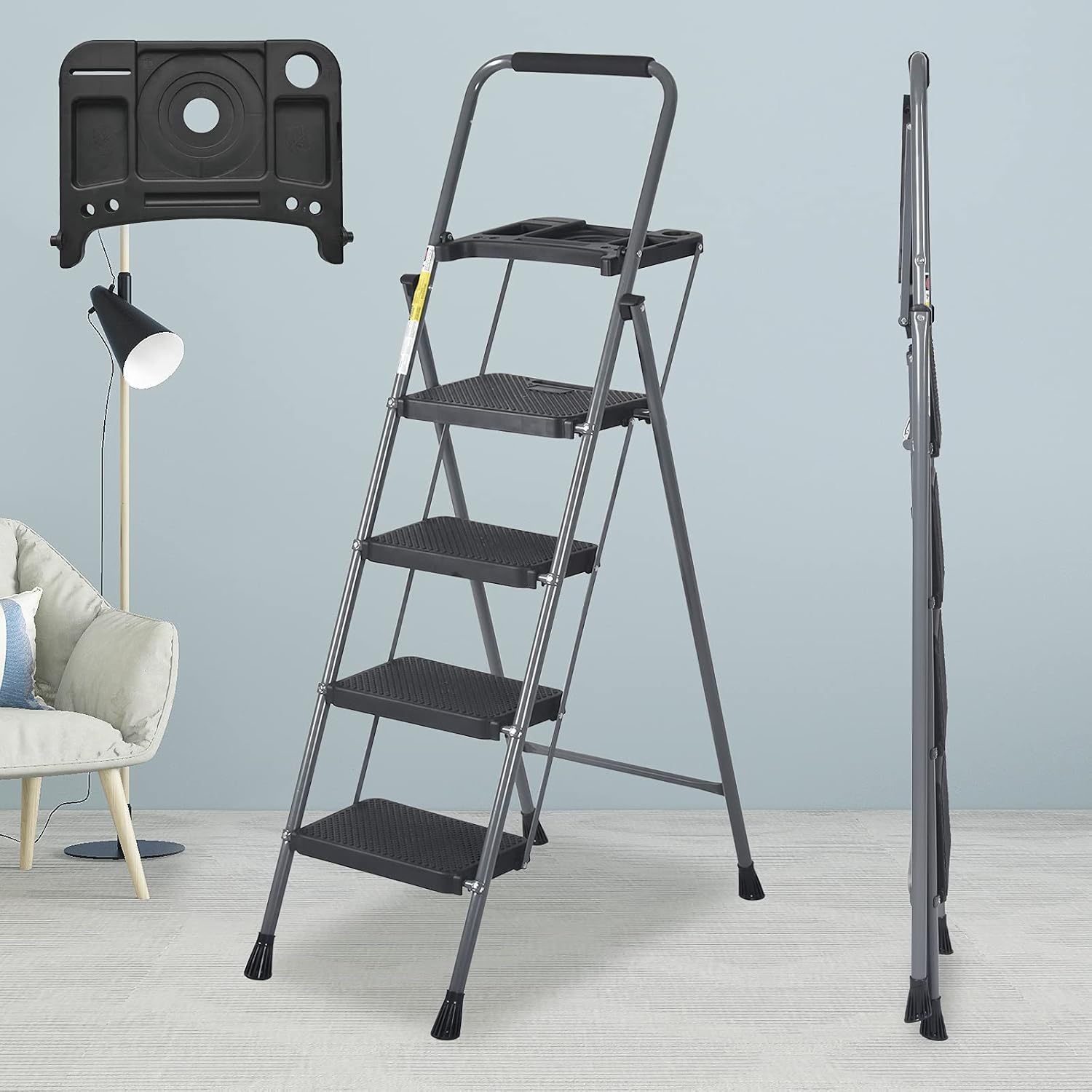 4 Step Folding Ladder with Wide Anti-Slip Pedal Portable Lightweight Foldable Ladders Steel Step Stool with Tray w/Non-Slip Feet for Kitchen Garden,Black