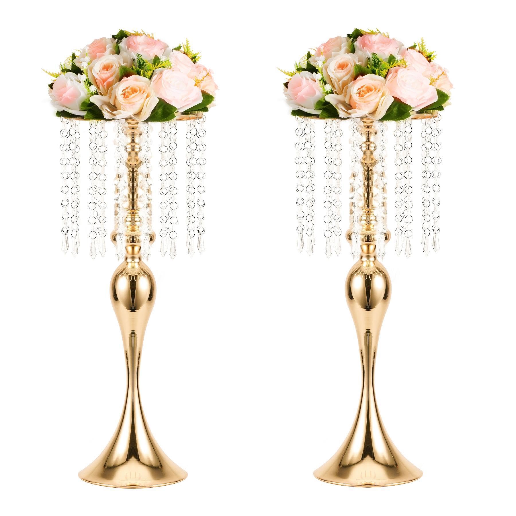 Metal Wedding Centerpieces for Table, Crystal Flower Stands, Wedding Road Lead Flower Holders, Crystal Mermaid Chandelier Flower Vases for Birthday Party Event Wedding Home Decor (Gold, 21.3