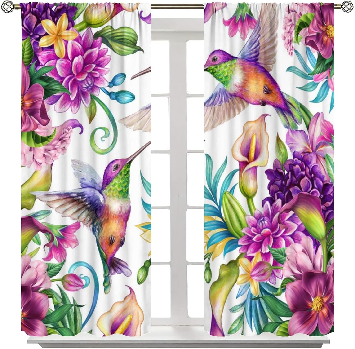 Bird Flower Hummingbird Decor Rod Pocket Blackout Curtains for Living Room,Room Darkening Vintage Watercolor Spring Garden Tropical Floral Window Treatment Drapes,2 Panels 45L x 21W