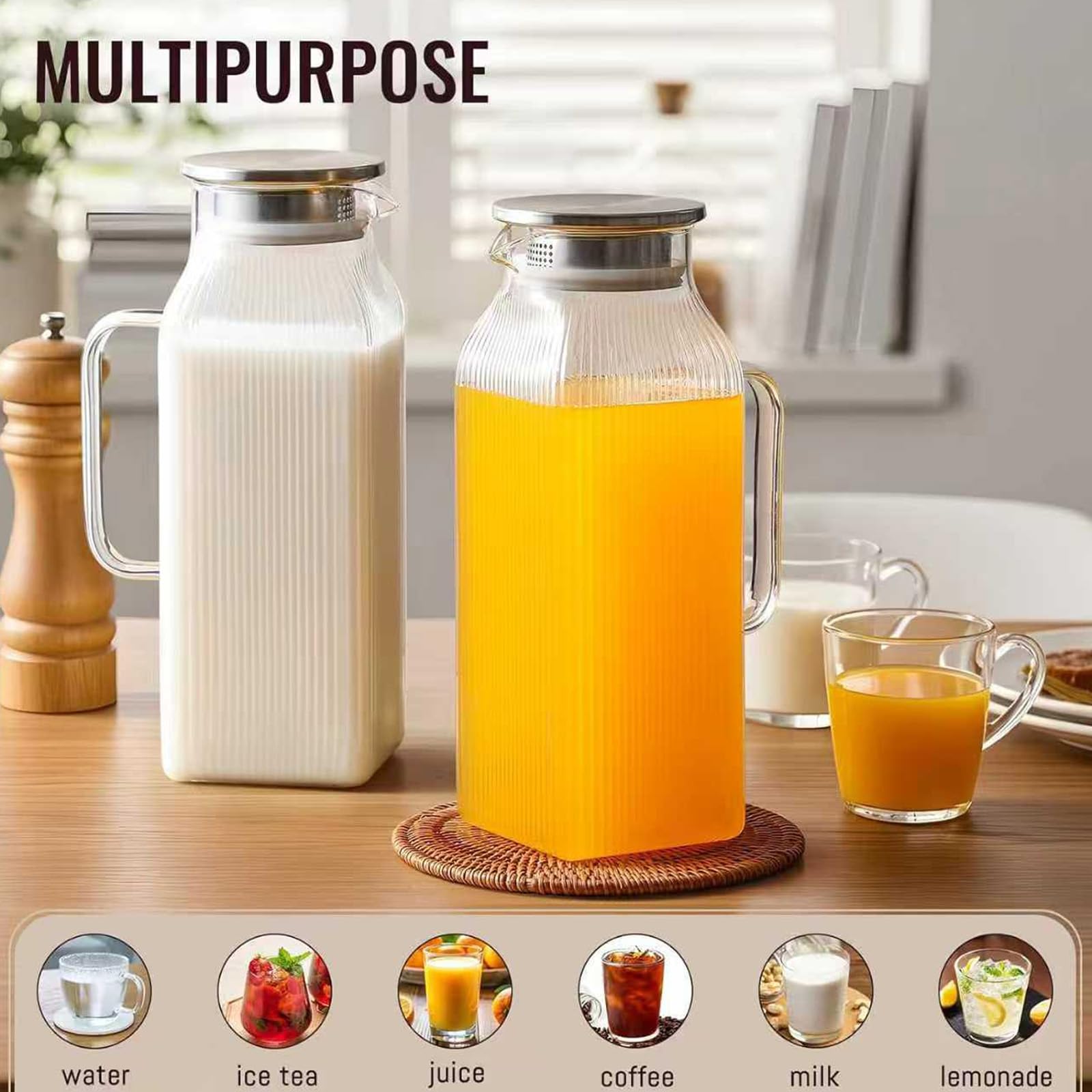 PANGBOER Jarra cuadrada transparente con tapa y mango ergonómico dispensador de agua para oficinas, perfecto para servir bebidas en hogares u oficinas, recipiente de bebidas de alta claridad