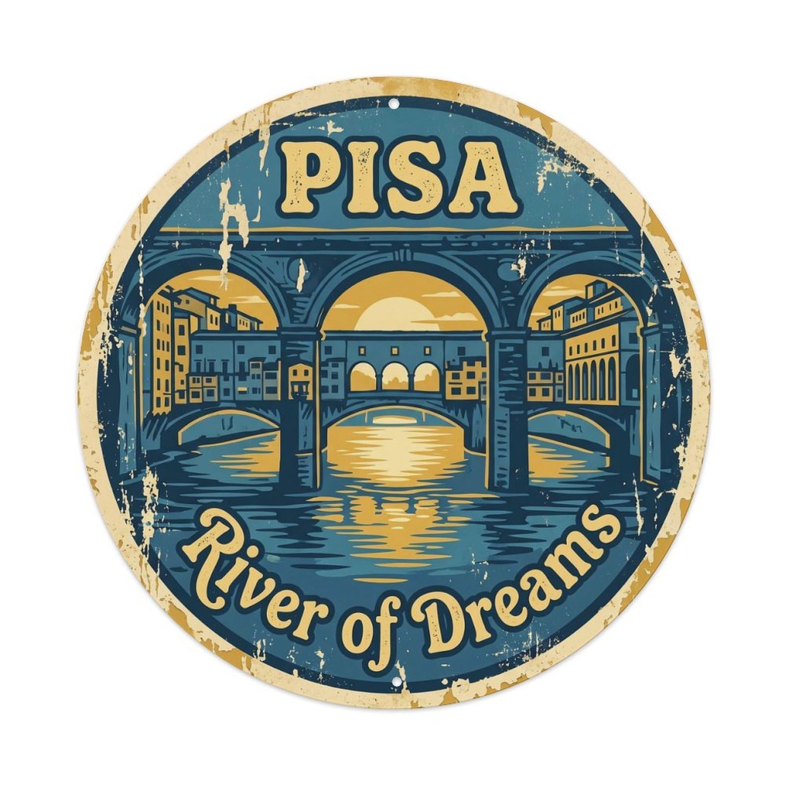 Fqcyn Style Vintage Travel Pisa River Italy Metal Tin Sign Plaque Wall Decor For Cafe, Club Bar, Office, Home Garden Round Metal Poster 8X8inch