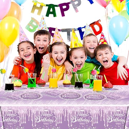 Miniatura 7 de Juego de vajilla para fiesta color morado, 20 platos y 20 servilletas y manteles de 71 x 42 pulgadas, para niñas y mujeres, suministros de fiesta de