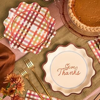xo, Fetti Thanksgiving Paper Plates | 24 pcs | Give Thanks Party, Fall Plaid Tableware, Wavy Dinner Setting, Friendsgiving Decor