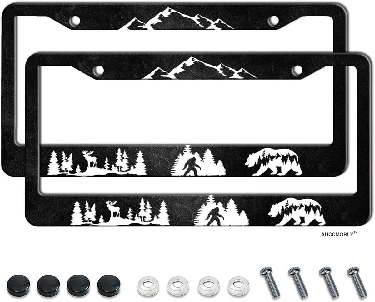 AUCCMORLY 2 Pcs Set Mountains License Plate Frame Stainless Steel Frame Holder Deer, Bear Car Accessories Decorative Frames for Women Men Vehicles