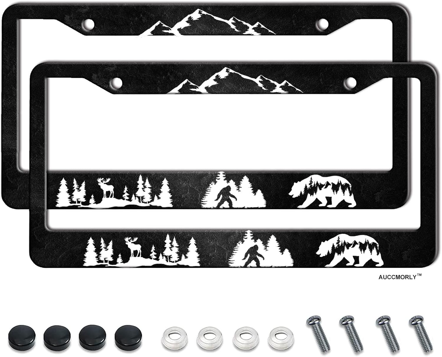 2 Pcs Set Mountains License Plate Frame Stainless Steel Frame Holder Deer, Bear Car Accessories Decorative Frames for Women Men Vehicles