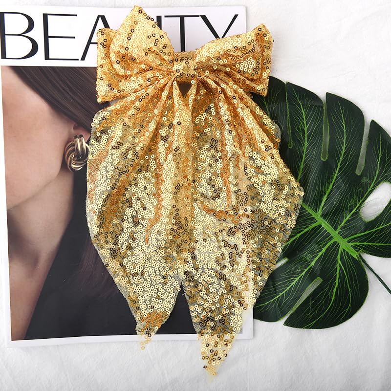Gold Glitter Hair Bow Clip for Women Girls Big Christmas Bow Hair Clips Gold Cosplay Christmas Hair Accessories for Girls Women Sparkly Long Tail Hair Bow Clips Cute Christmas Hair Bow Barrette Bling - Image 3