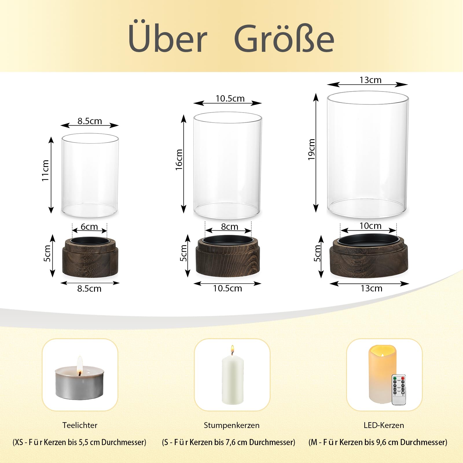 Hewory 3 Windlicht Glas Groß mit Holzsockel für Deko Wohnzimmer Boho Set | Div. Größen, Stabil, Pflegeleicht, Kerzenhalter mit Abnehmbarem Glaszylinder für Tischdeko Garten Terrassen Outdoor Party