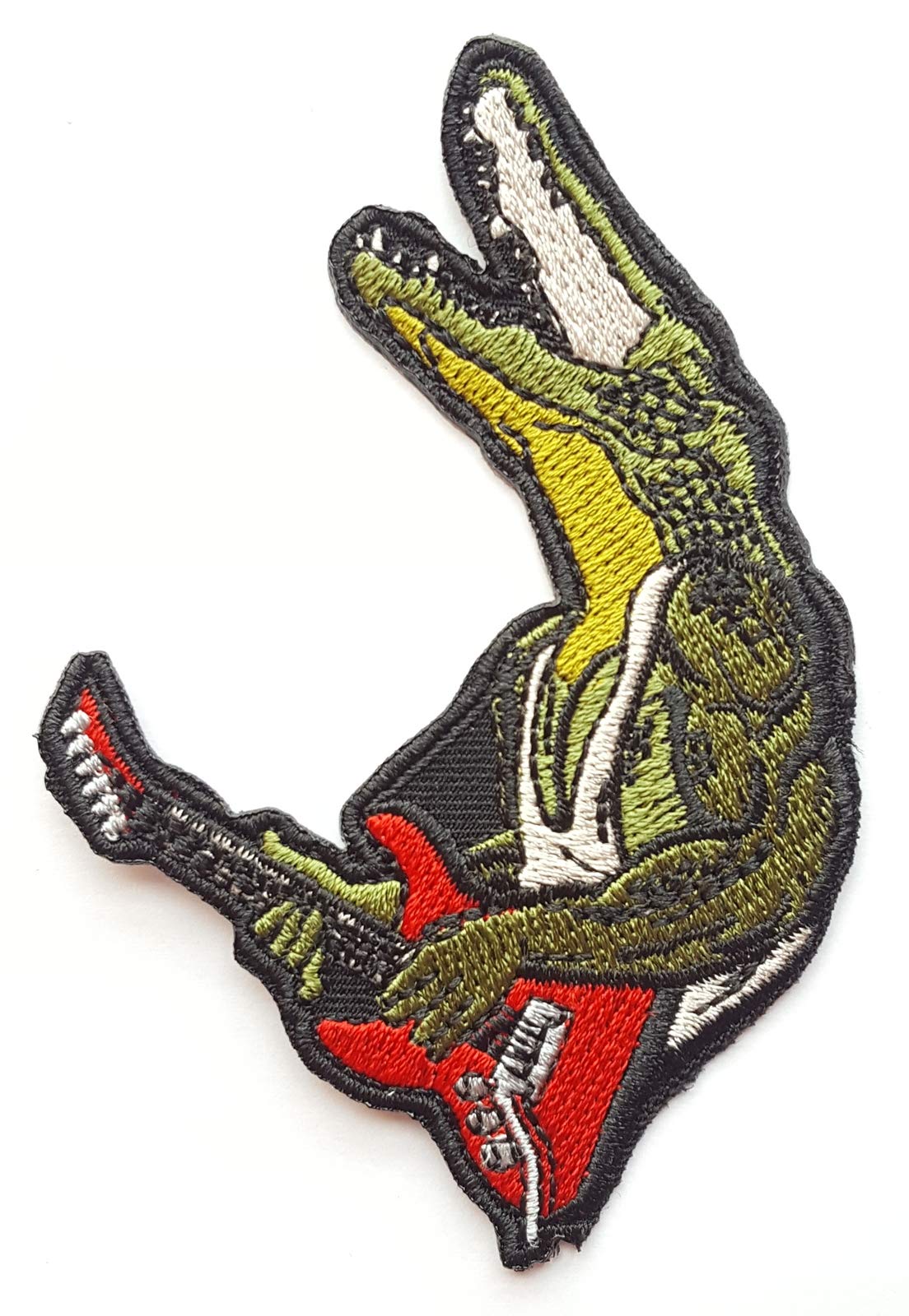 Funny Crocodile Rock and Roll Red Guitar Punk Rock Patches Appliques Fabric Decorating for Hat Cap Polo Backpack Clothing Jacket T-Shirt DIY Embroidered Iron On/Sew On Patch
