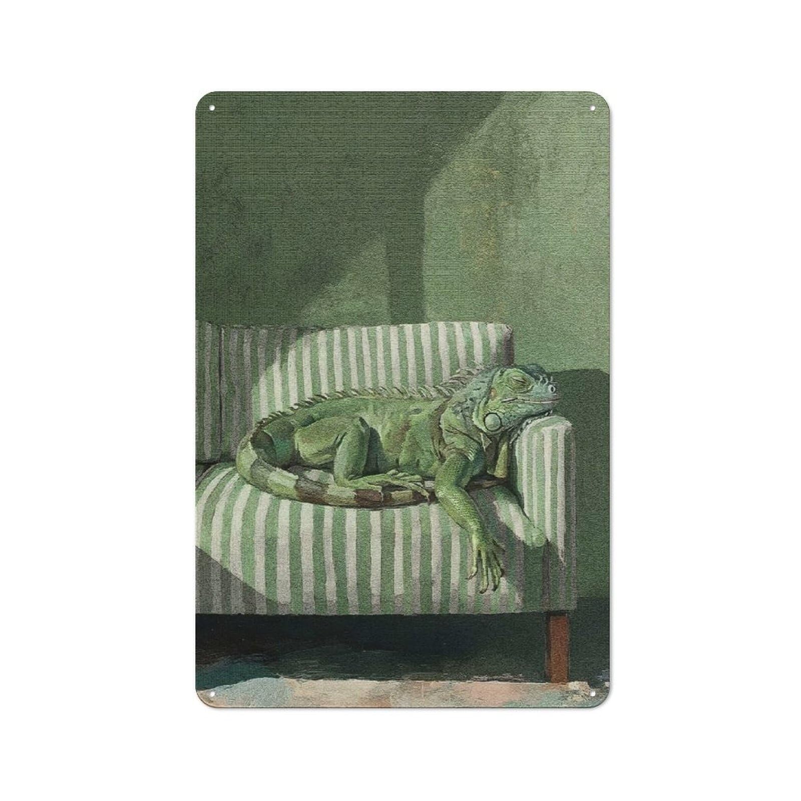 Junmoney Style-7 Character Decorative Tin Plaque 30X20cm Featuring Iguana Resting On Striped Couch, Home Wall Decor For Flat, Dorm Room, Lounge Or Cafe