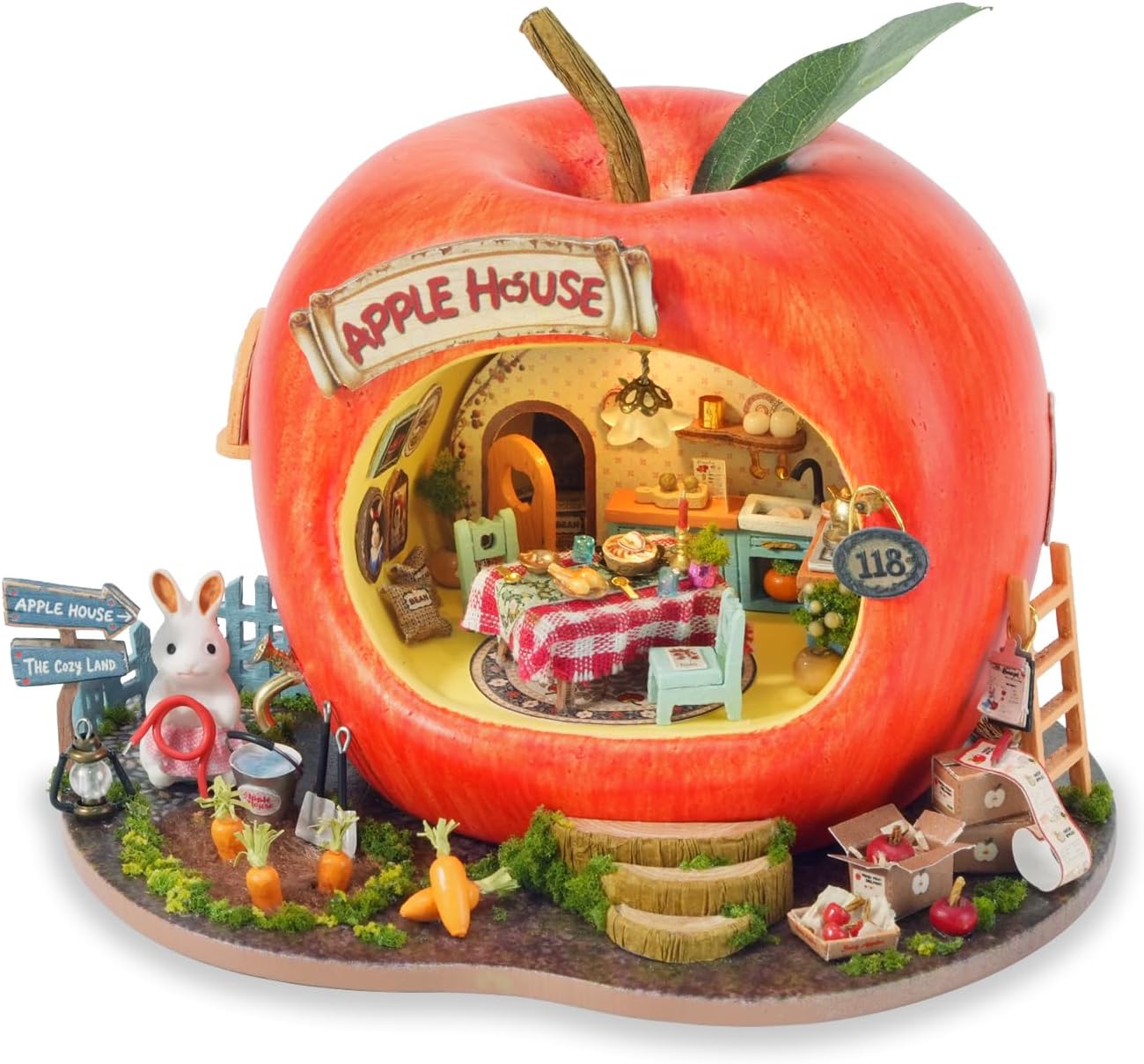 TuKIIE DIY Miniature House Kit with Furniture, 1:100 Scale Creative Room Mini Wooden Dollhouse Book Nook for Kids Teens Adults(Apple House)