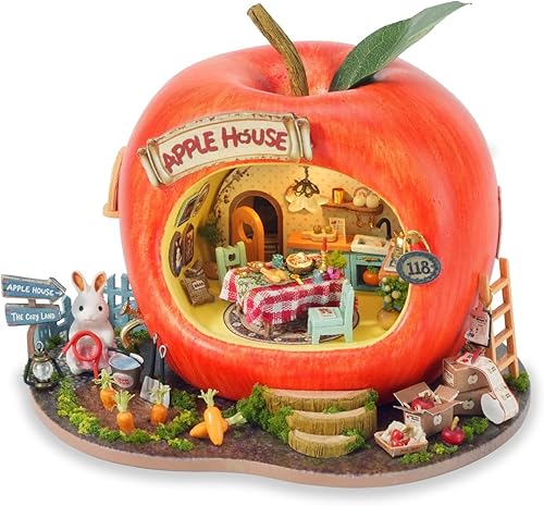 TuKIIE DIY Miniature House Kit with Furniture, 1:100 Scale Creative Room Mini Wooden Dollhouse Book Nook for Kids Teens Adults(Apple House)