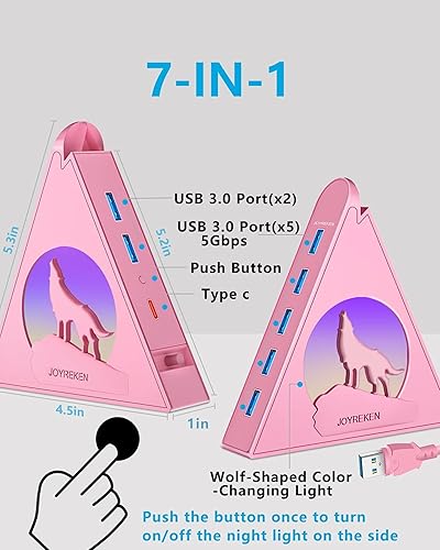 Vista 2 de 7 puertos USB 3.0, Hub USB Howling Wolf Pink – Cable de 2 pies de largo, expansor de concentrador USB vertical compatible con PC, laptop, unidad Rosa
