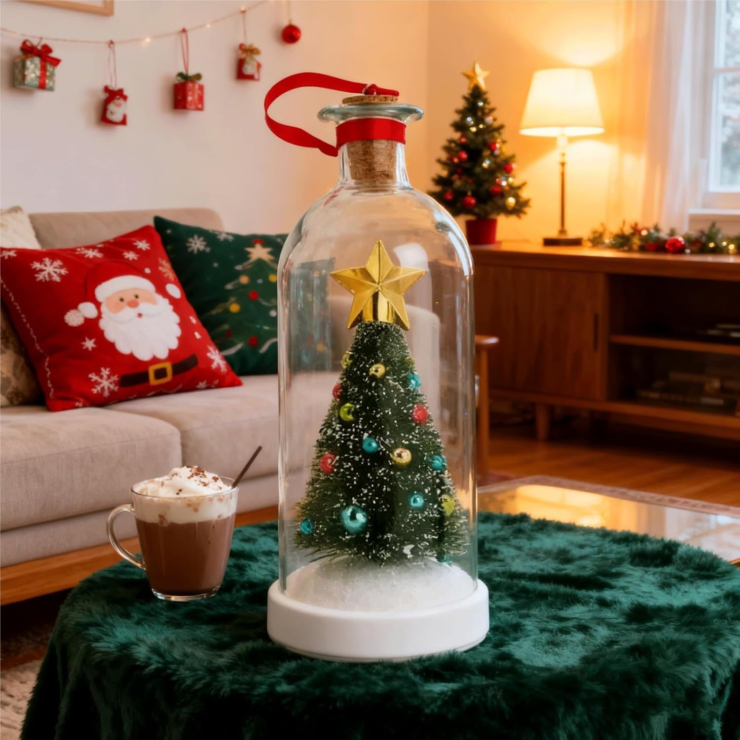 Recordable Christmas Tree Message in a Bottle Ornament, Voice Recording Holiday Keepsake with Playback, Snowy Scene Glass Bottle Decoration for Tree and Home (3, Green)