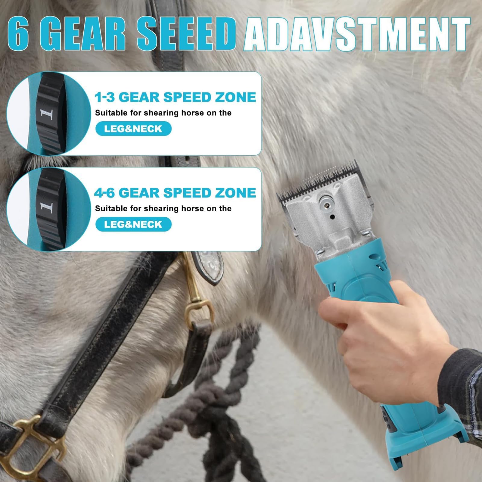 Esquiladora Eléctrica para Caballos 500W, Esquiladora Inalámbrica para Ganado 21V con 2 Baterías & Ajuste de 6 Velocidades, Cuchillas de Acero al Carbono 2500 rpm Cortadora Eléctri Blue-B 2 Batteries