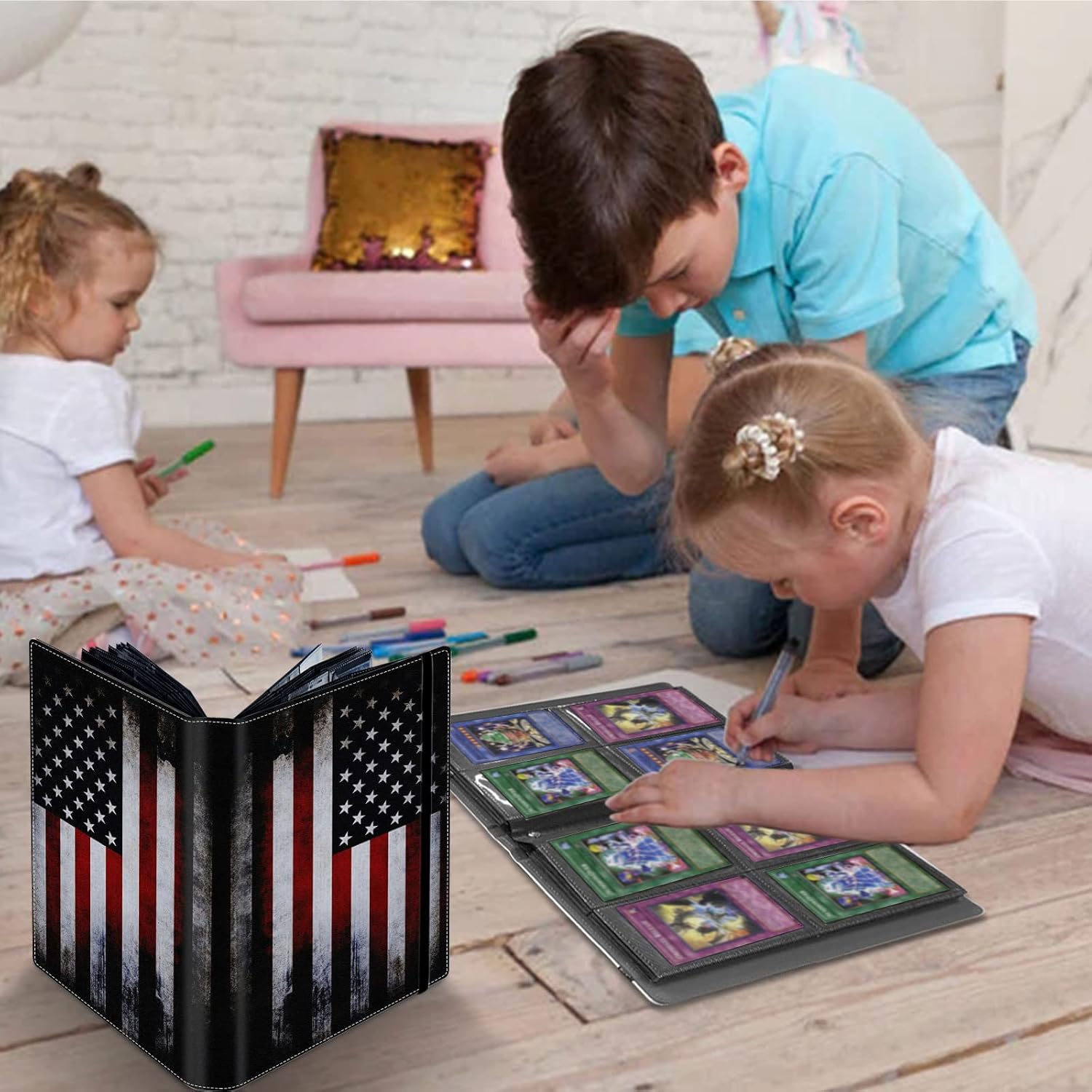 Trading Card Binder 4 Pocket 240 Cards,Card Holder Book with Elastic Band Fit Most Standard Size Cards,Card Collection Binder Case for Baseball Football Basketball Cards Pokemon & MTG,American Flag