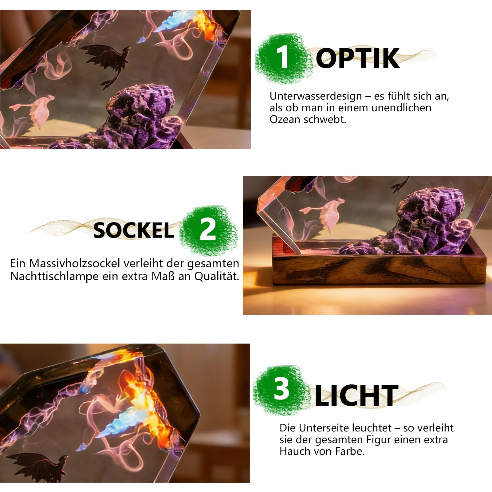 3D Ozean Epoxidharz Nachtlicht,Harz-Ozean-Lampe,Ornamente mit Holzsockel,Dinosaurier, der Feuer speit,Nachttischlampe Schlafzimmerlampe mit USB-Kabel für Meeresliebhaber (Violettes Licht)