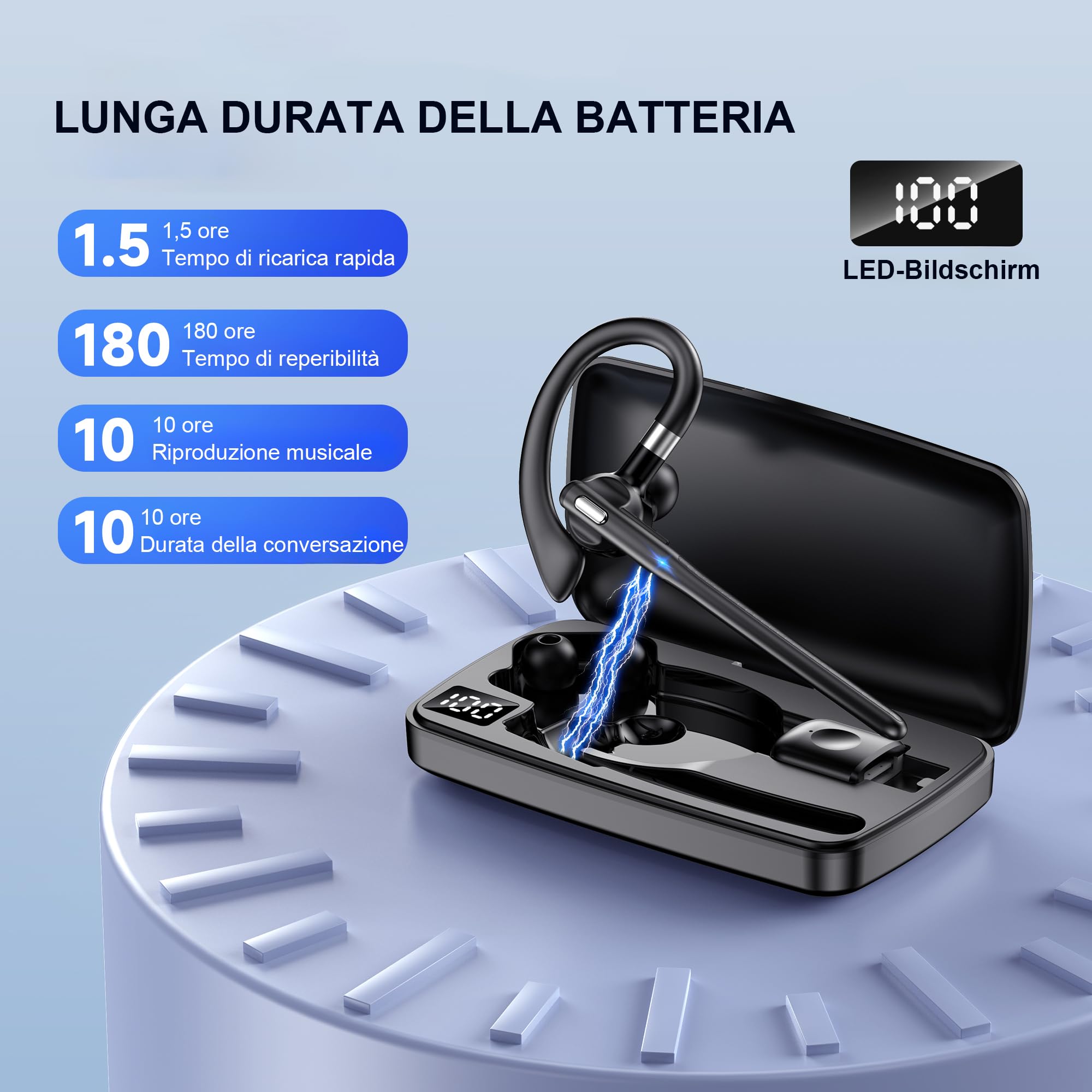 Auricolare Bluetooth 6.1 AI Singolo con CVC8.0 Microfono e USB, In Ear Cuffie Senza Filo Connessione a due Dispositivi, Custodia di Ricarica LED, 180 ore di Standby Cuffie per Guida/Lavoro/Ufficio