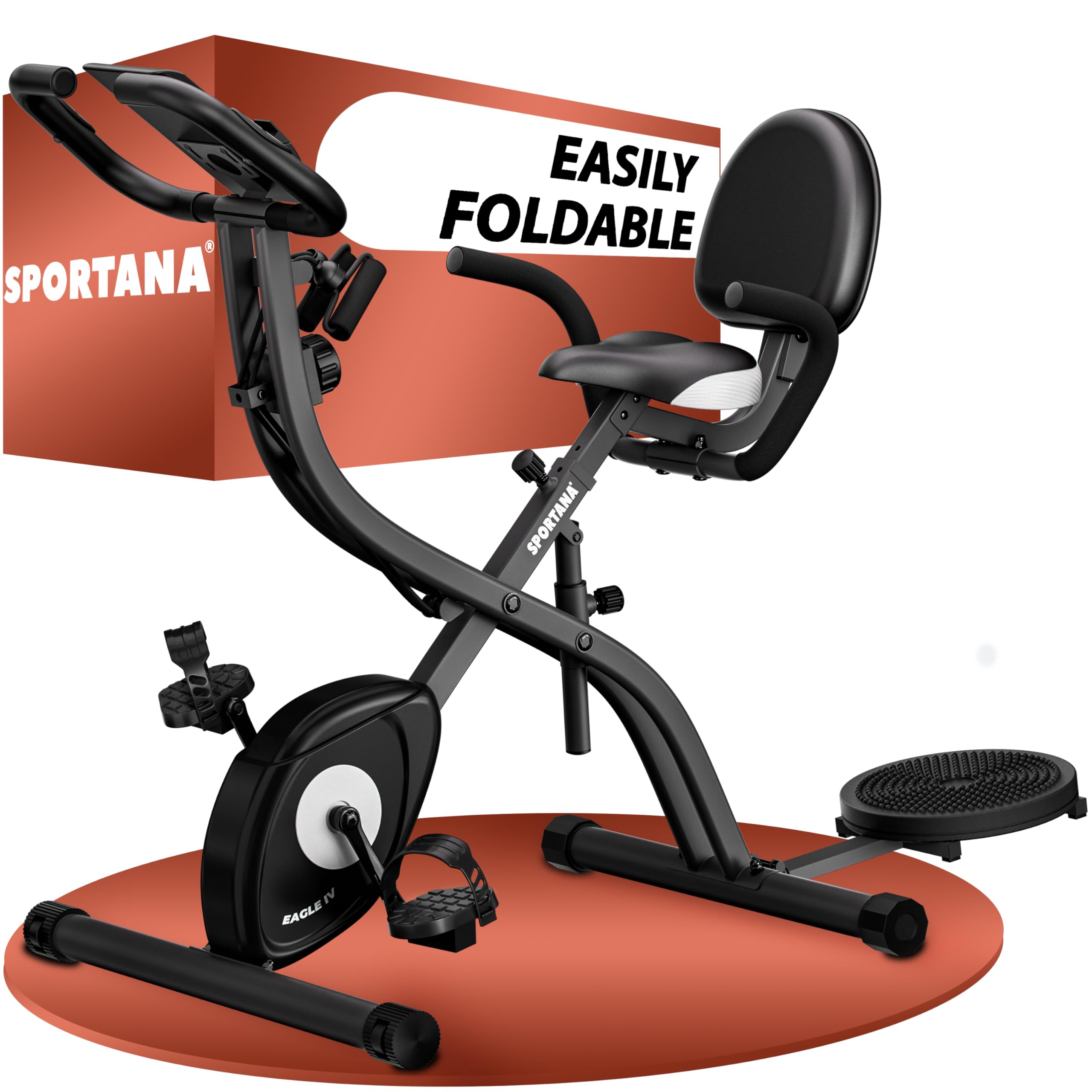 SPORTANA® Eagle 3 Foldable Exercise Bike | 2x Exercise Band | Adjustable Resistance Home Gym Equipment 10 Levels Pilates Equipment Static Electric Bike Battery Operated LCD Display | Home Gym Workouts