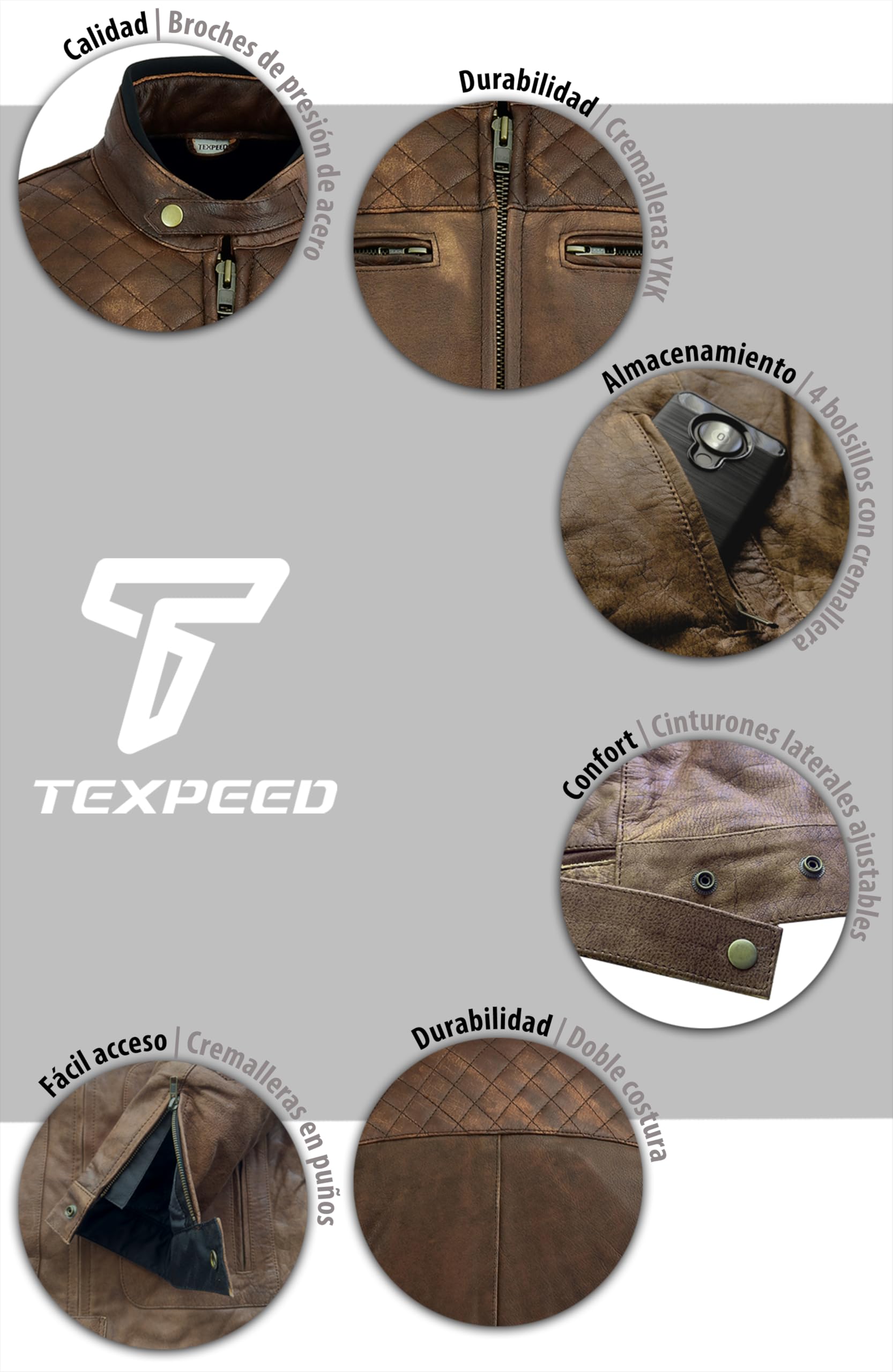 Texpeed Chaqueta de moto de cuero para hombre - Chaqueta de moto Touring con protección de armadura auténtica Biker CE (EN 1621-1) Patrón de costura de diamantes - Marrón - 4XL