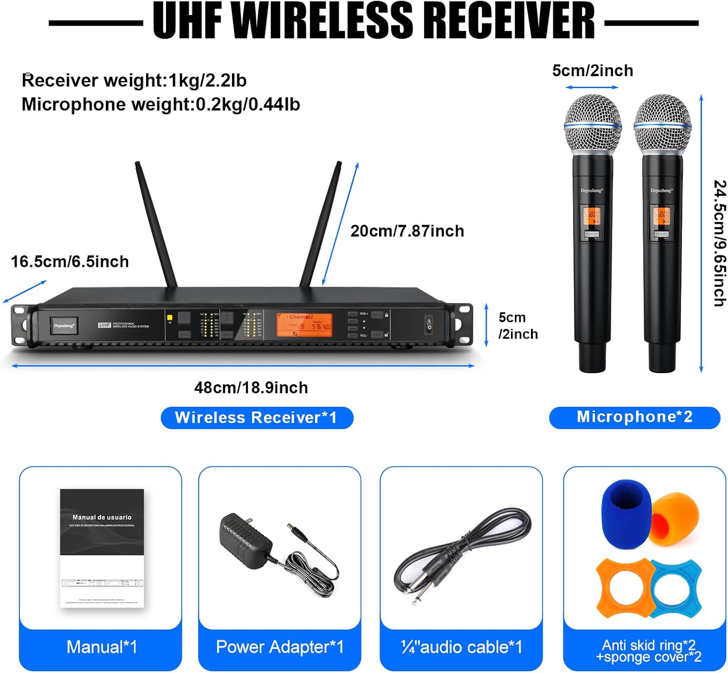 Depusheng Wireless Microphones System with 2 Channels Cordless Handheld Microfono Inalambrico, 200FT UHF Range, Mics with Stable Signal Transmission for Karaoke Singing Party Church Wedding PA Speaker - Image 7
