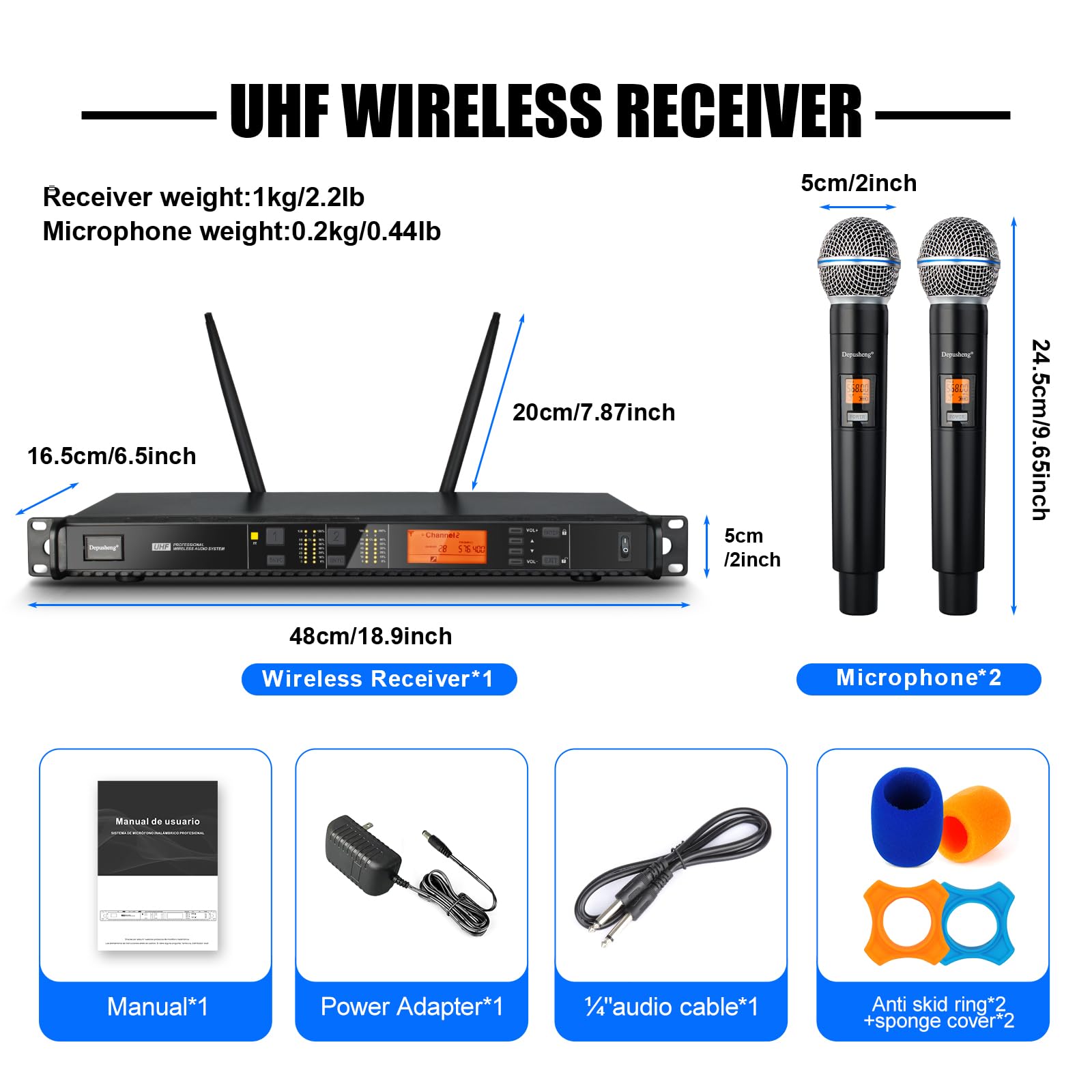 Depusheng T118 - Microfono wireless professionale con 2 microfoni portatili, portata 80 m, microfoni per proformance, karaoke, feste, chiesa, canto