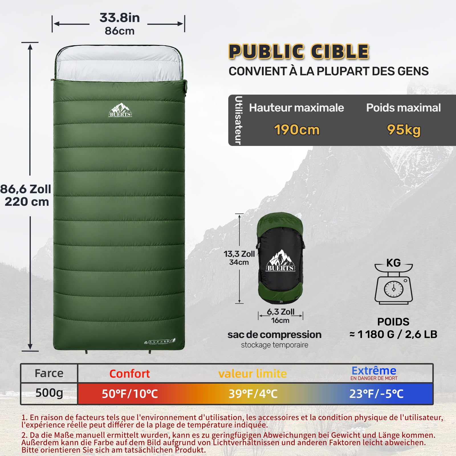 Sac de Couchage Duvet Adulte Ultraléger 3 Saisons, 500g de Remplissage, Taille Large 220x85cm, Super Compact, pour Randonnée, Camping, Alpinisme