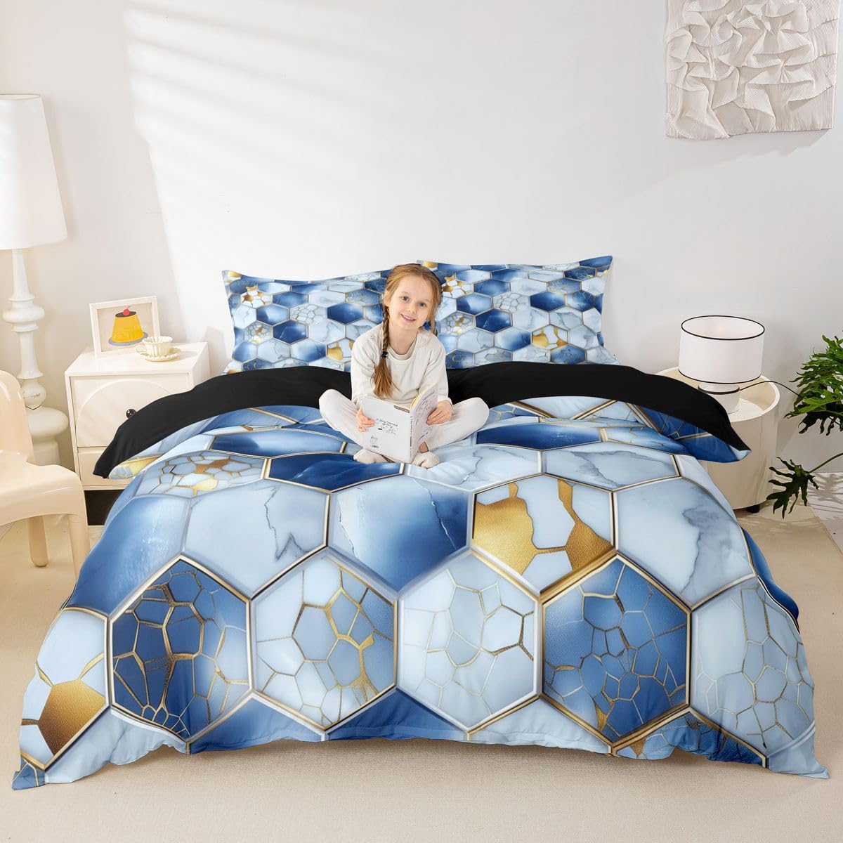 Parure de lit nid d'abeille bleu housse de couette géométrique hexagonale