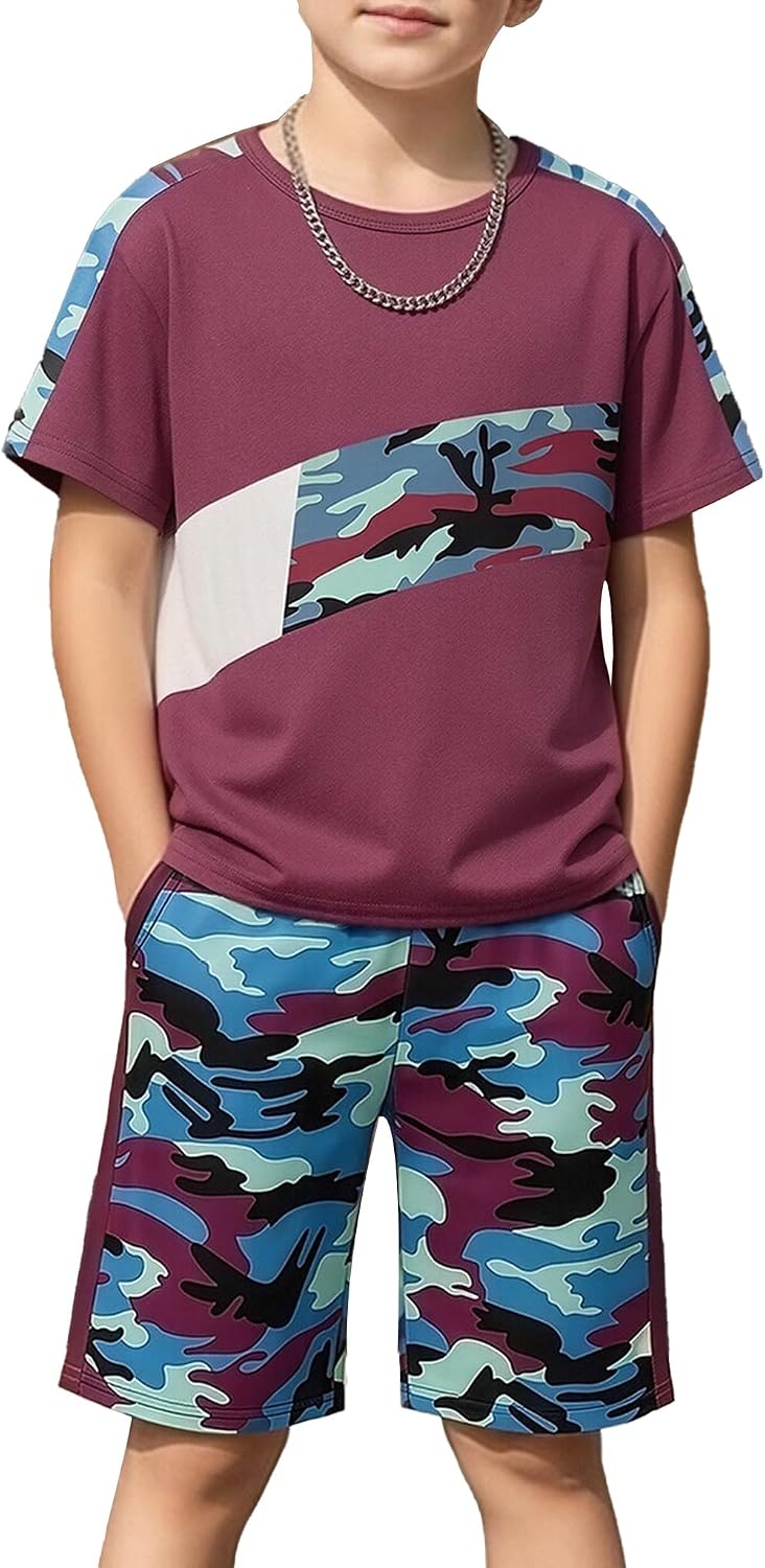 Boys clothes Set 6-14 Years Camo Stitching Short Sleeve T-Shirt and Camo Athletic Shorts 2-Piece Outfit for Boy