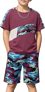 Boys clothes Set 6-14 Years Camo Stitching Short Sleeve T-Shirt and Camo Athletic Shorts 2-Piece Outfit for Boy