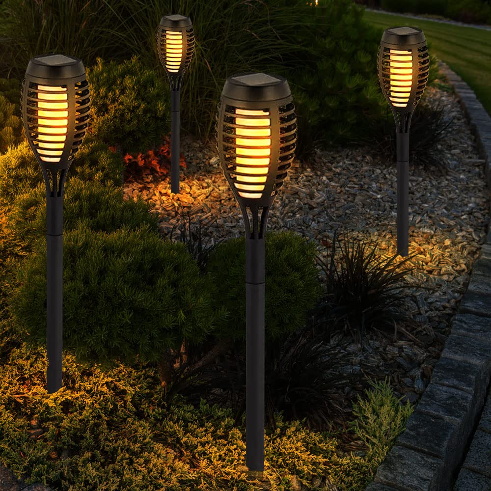 LED Solarfackeln für Außen flackernd Balkon Gartendeko Stecklampen Solar Gartenfackel, Kunststoff schwarz, Feuereffekt warmweiß, H 50 cm, 8er Set