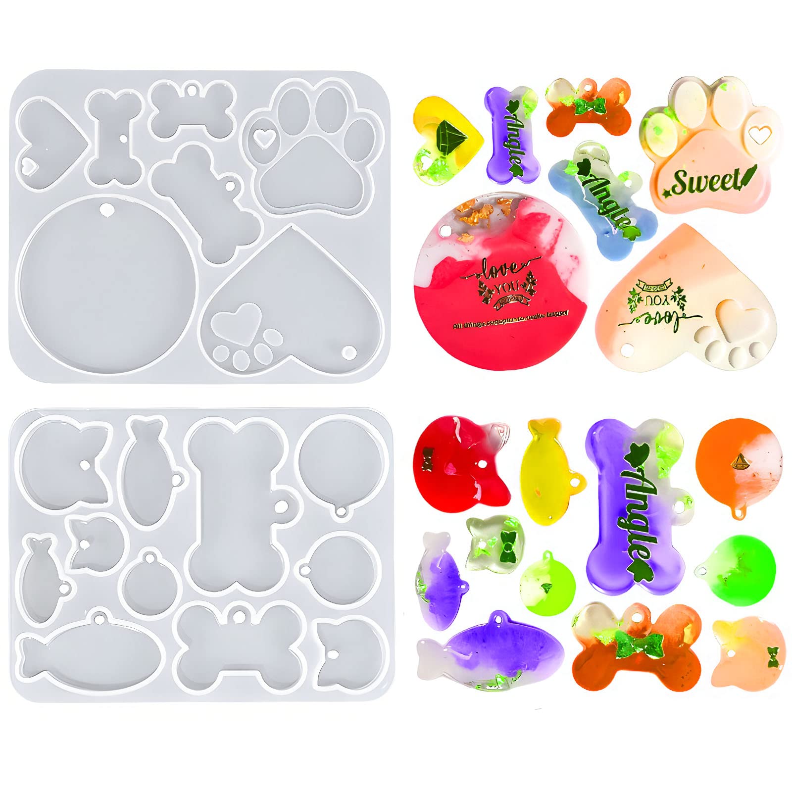Szcelling 2Pcs Pet Collar Tag Resin Mold Silicone, ID Tag for Epoxy Resin Casting Mold Dog Bone Paw Fish Heart Shape Keychain Mold UV Resin Charm Pendant Mold for DIY Handmade Jewelry Making Craft