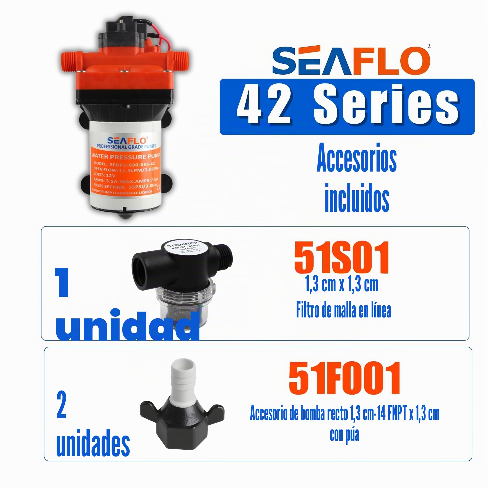 Seaflo Bomba de diafragma Serie 42 con bypass-12V/24V 3.0GPM 55PSI (12 Voltios)