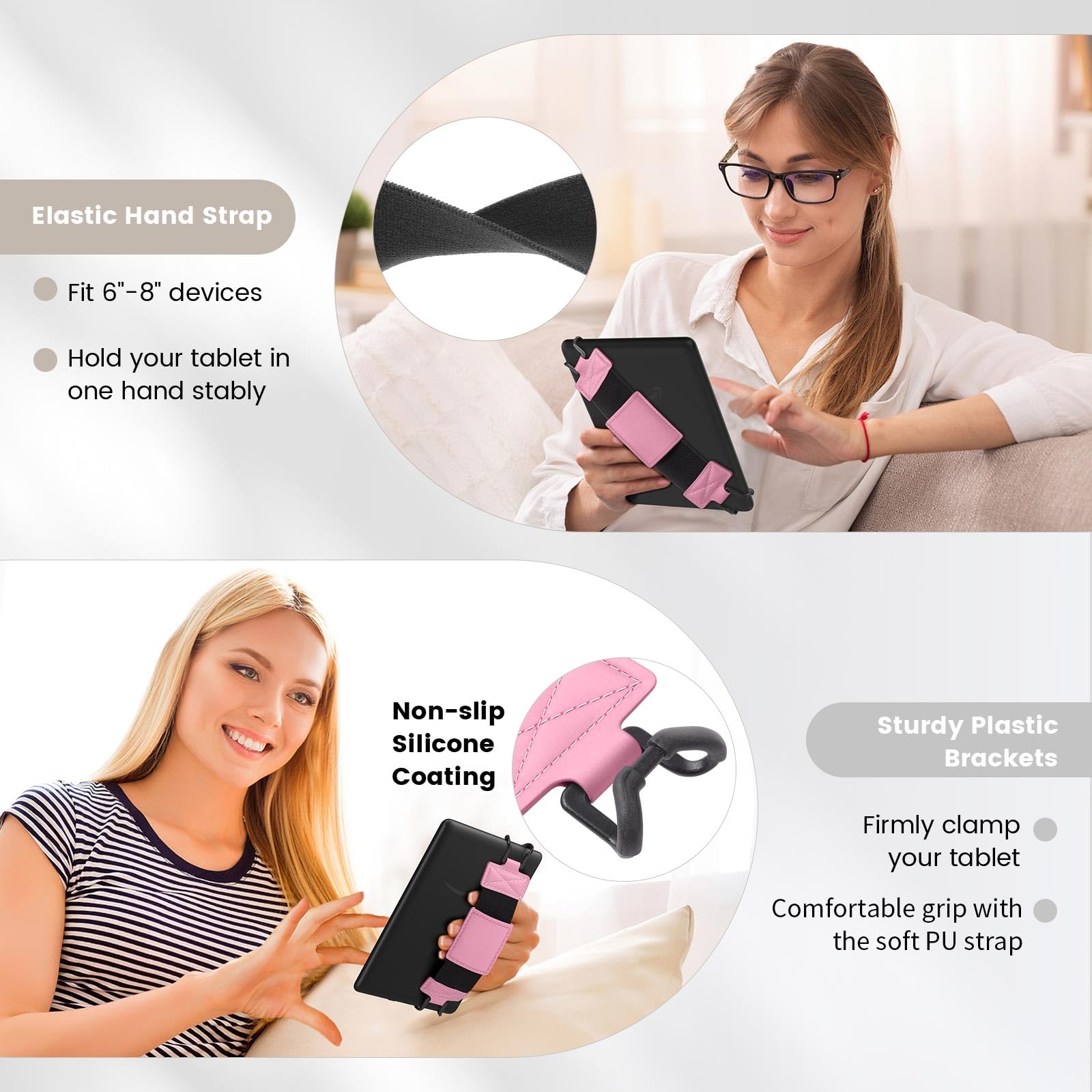 MoKo Soft Hand Strap for 6-8" Kindle eReaders Fire Tablet Kindle/Kobo/Voyaga/Sony Kindle E-Book Tablet, Black High-Elasticity Versatile Hand Strap Lightweight Finger Grip Holder, Pink