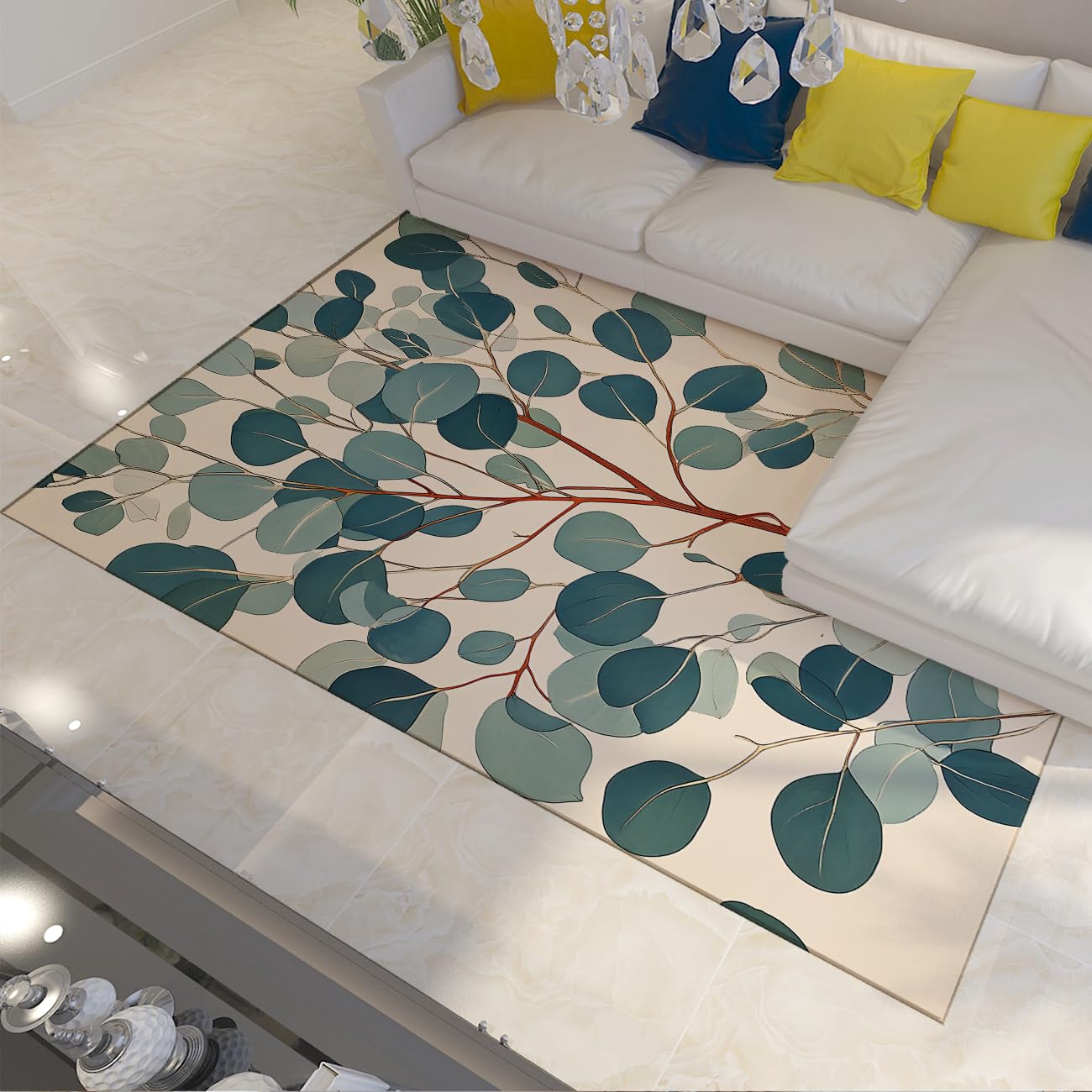 Tapis boho vert et beige pour un bureau ou salon naturel