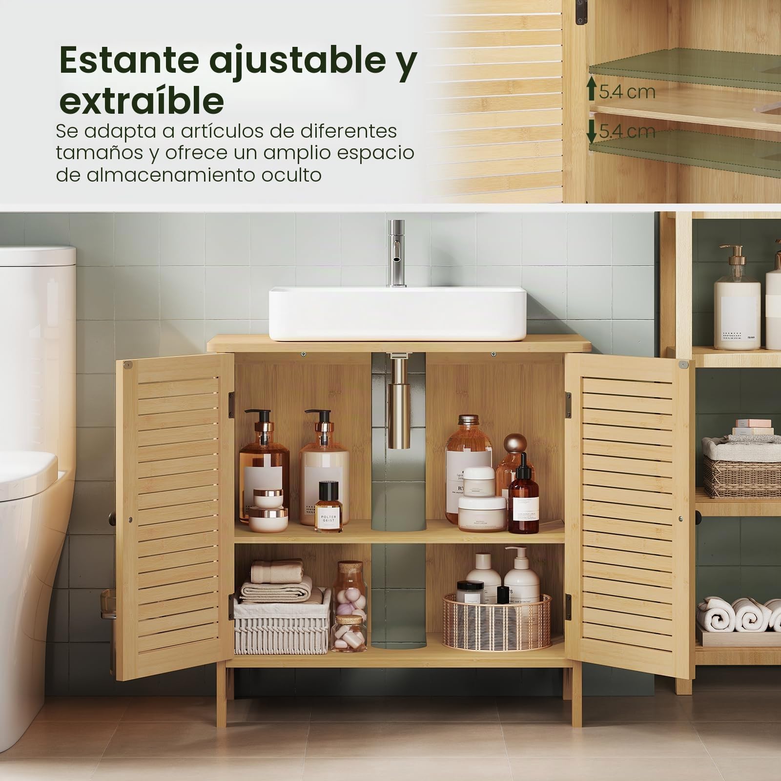 EUGAD Armario de Baño, Mueble de Baño de Bambú, Mueble bajo Lavado, con Puertas de Rejillas, Transpirable y Antihumedad, Recorte 20x10 cm, Estante Ajustable, 60x30x60 cm
