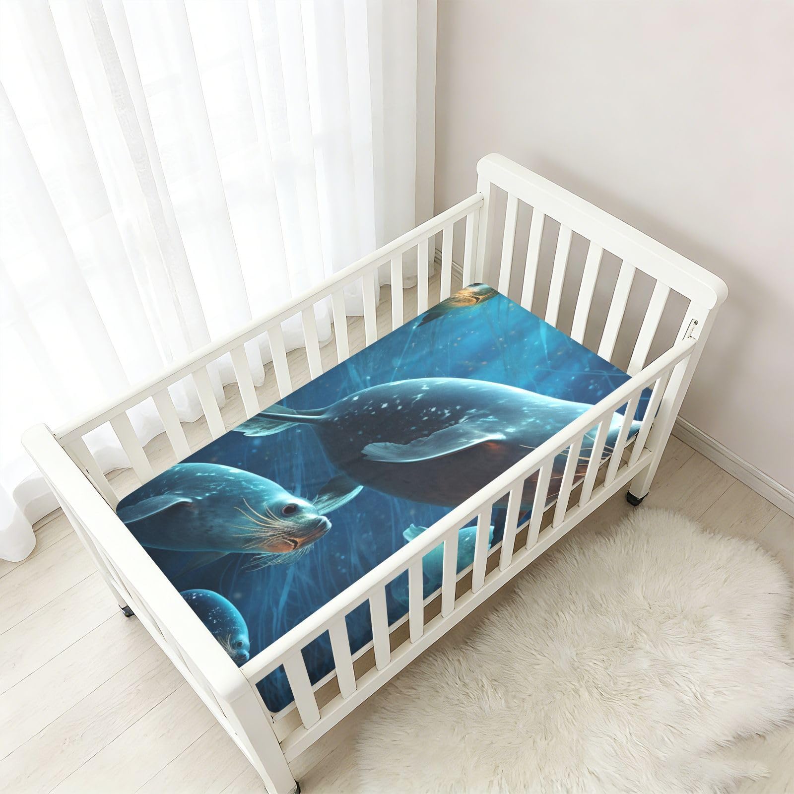 Espacio Volando Leones Marinos Sábana de Cuna para Niños Pequeños,Sábanas de Algodón Suave para Bebés Aptas para Colchón Corralito