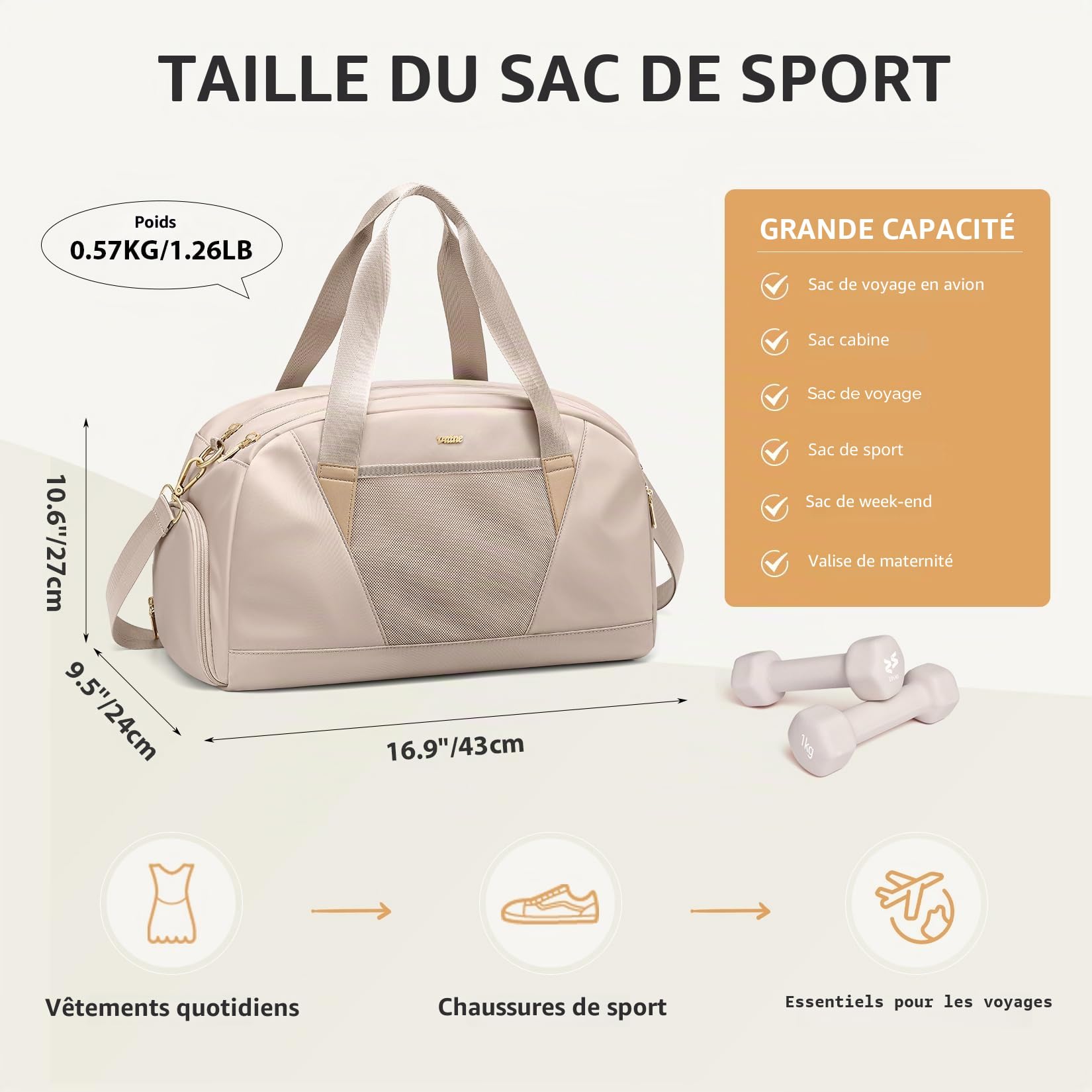 VNINE Sac de Voyage 51.8L Weekend Sac à bandoulière, Sac de Sport Séparé Sec et Humide Bag Imperméable pour Femme Homme Sport Gym Weekender Bag Fourre-Tout Sac d'Hôpital