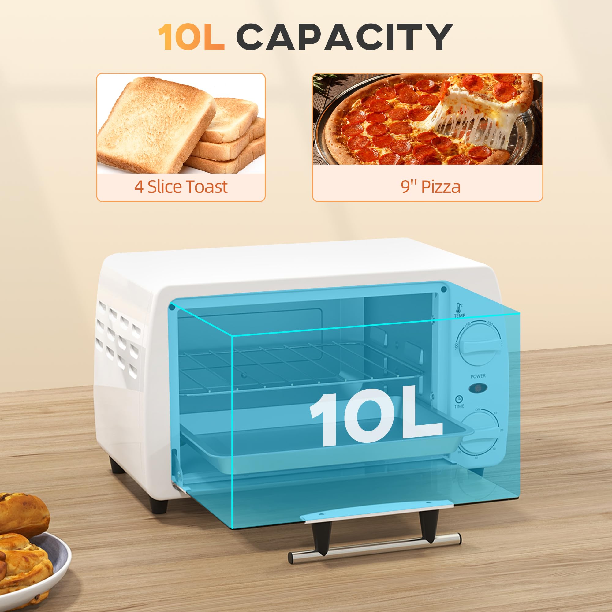 HOMCOM Forno elettrico da tavolo 10 litri 750W Piccolo forno elettrico con temperatura fino a 230 ℃ Timer 60 minuti Vassoio e cestello 36,5x26x22 cm Bianco