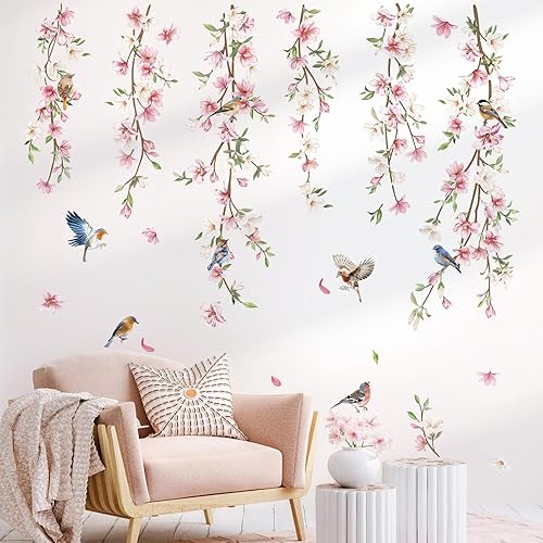 Miniatura 4 de decalmile Calcomanías de pared colgantes con diseño de vid, hojas florales rosas, pájaros, calcomanías de pared para dormitorio, sala de estar,