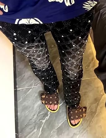 FCOOLYEET Mens Slim Fit Stacked Rhinestone Jeans Destroyed Straight Denim Pants Black Ripped Jeans for Men