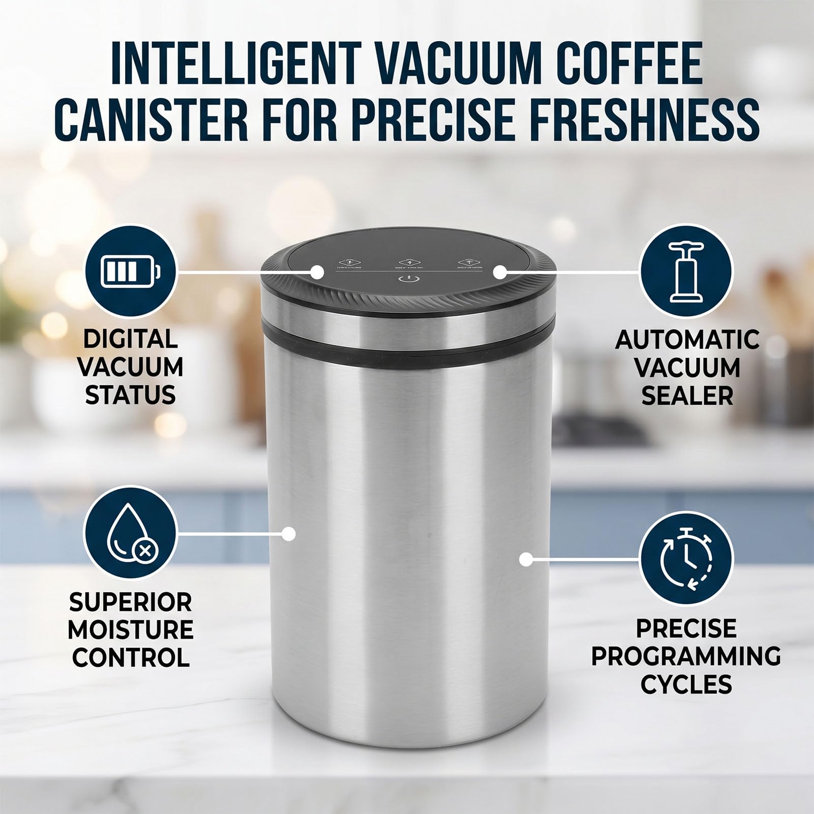 lyrlody Contenitore Automatico per caffè Sottovuoto Contenitore Ermetico per Alimenti in Acciaio Inossidabile 2000mAh per Chicchi di caffè Ricaricabile per Chicchi di Farina Domestica