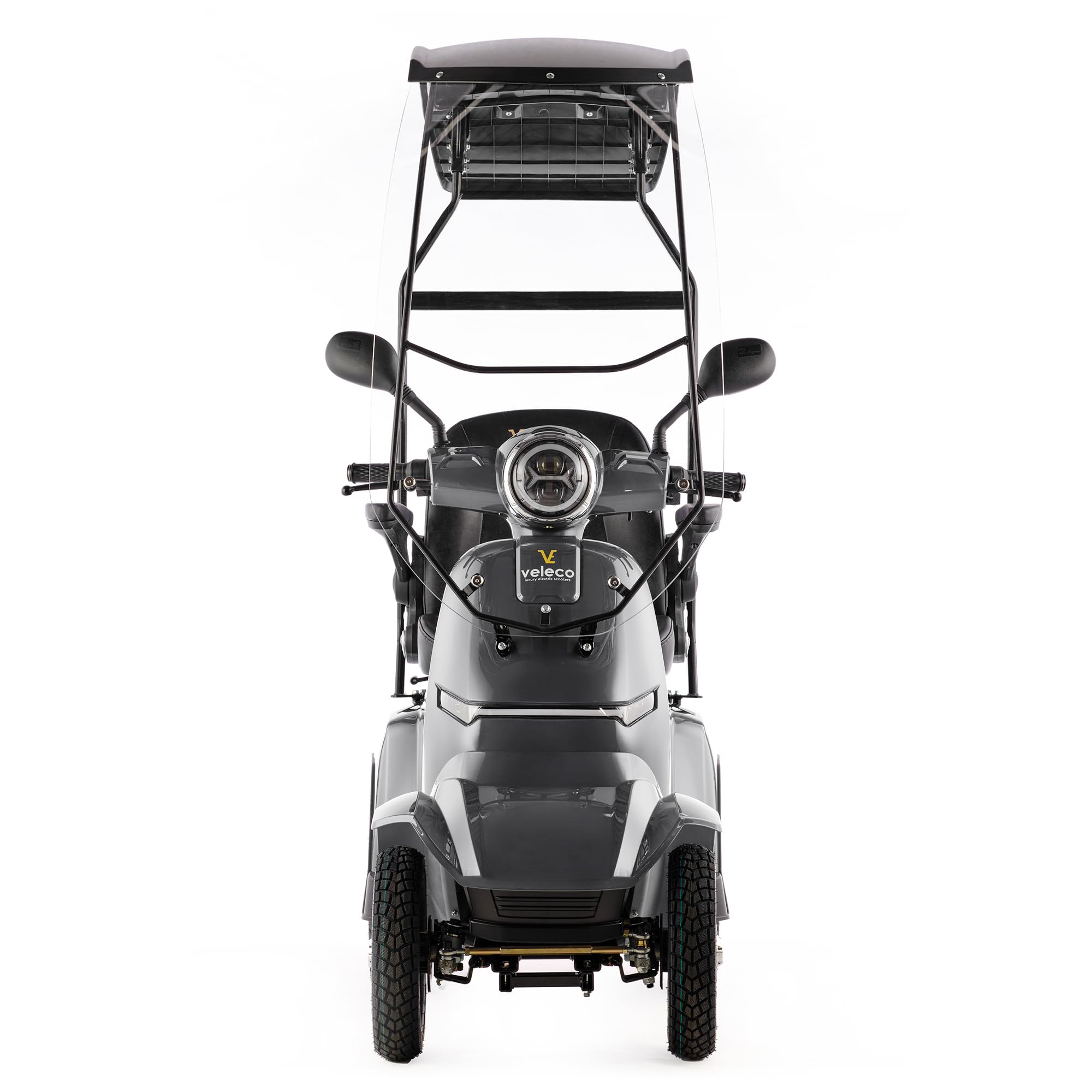 VELECO GRAVIS – dispositivo de movilidad de 4 ruedas – techo con parabrisas – batería de iones de litio extraíble – completamente ensamblado y listo para usar – iluminación LED (Gris)