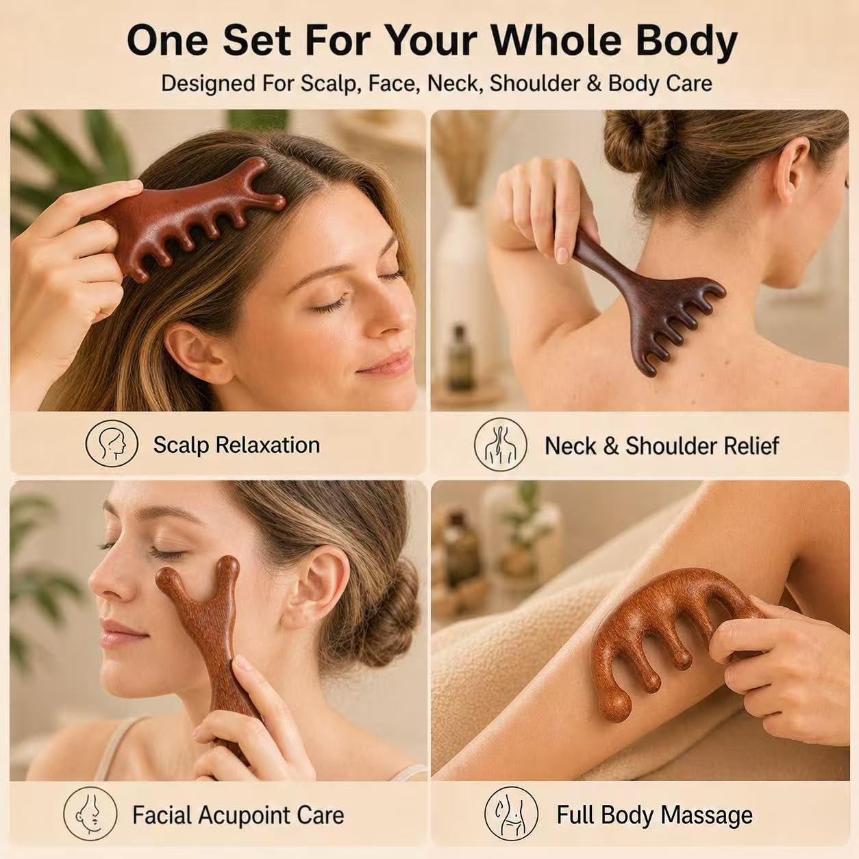 4PCS Peignes de Massage, Peignes en Bois Naturel Dents Larges Antistatiques, Brosse pour Cuir Chevelu et Corps, Outil Relaxant Ergonomique pour Cheveux, Cou, Épaules, Homme et Femme