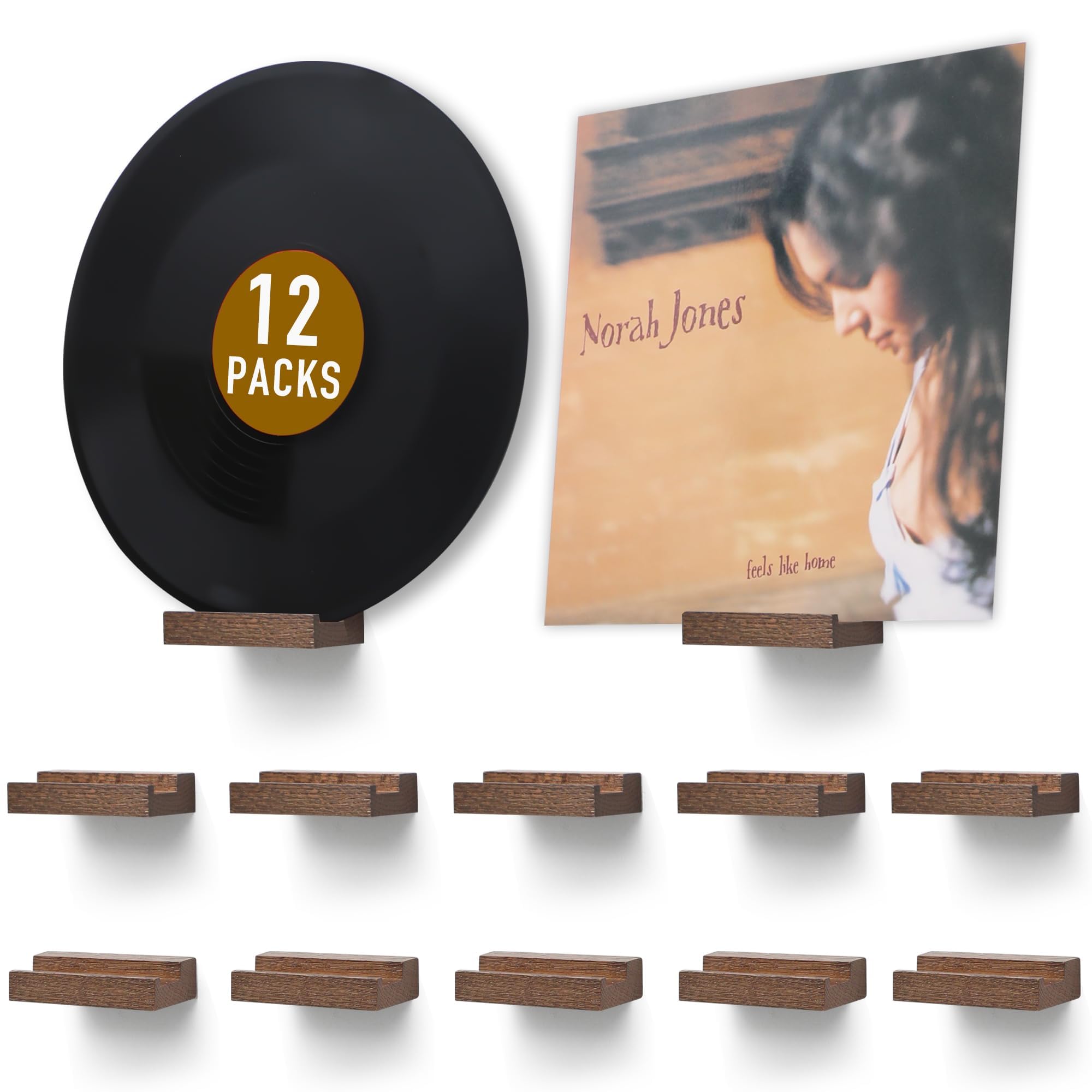 MIHORLIFE Solid Oak Wood, Set of 12, Record Shelf Wall Mounted Rack, Album Record Holder, Picture Ledge Shelves, Record Storage Display Collection Stand(Light Walnut, Set of 12)