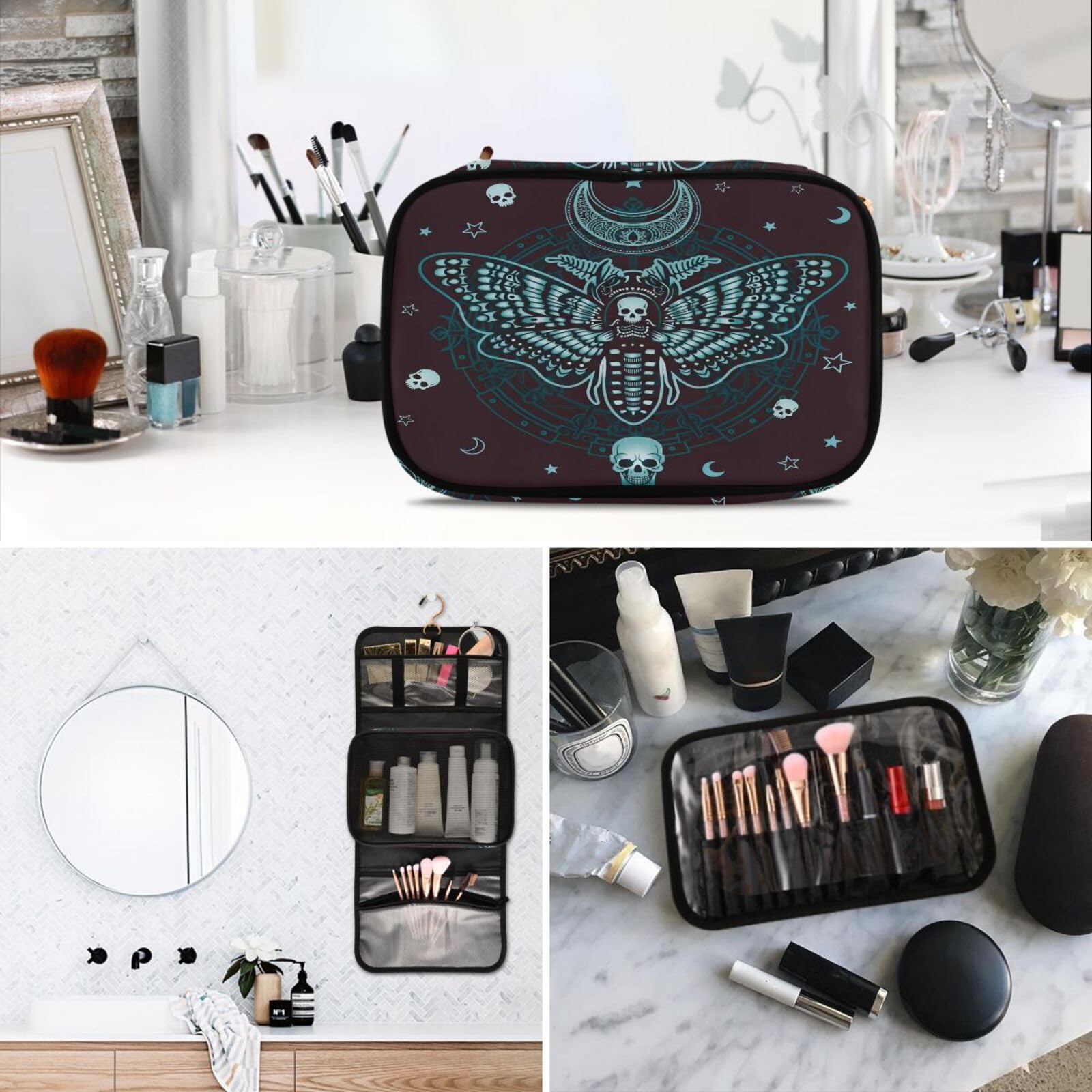 MNSRUU Kulturbeutel Schmetterling Beige Hängende Make-up Reisetasche für Toilettenartikel 3 Stück Kulturbeutel Organizer Taschen Tragbares Klares Toilettenartikel-Set, Totenkopf 09, Einheitsgröße