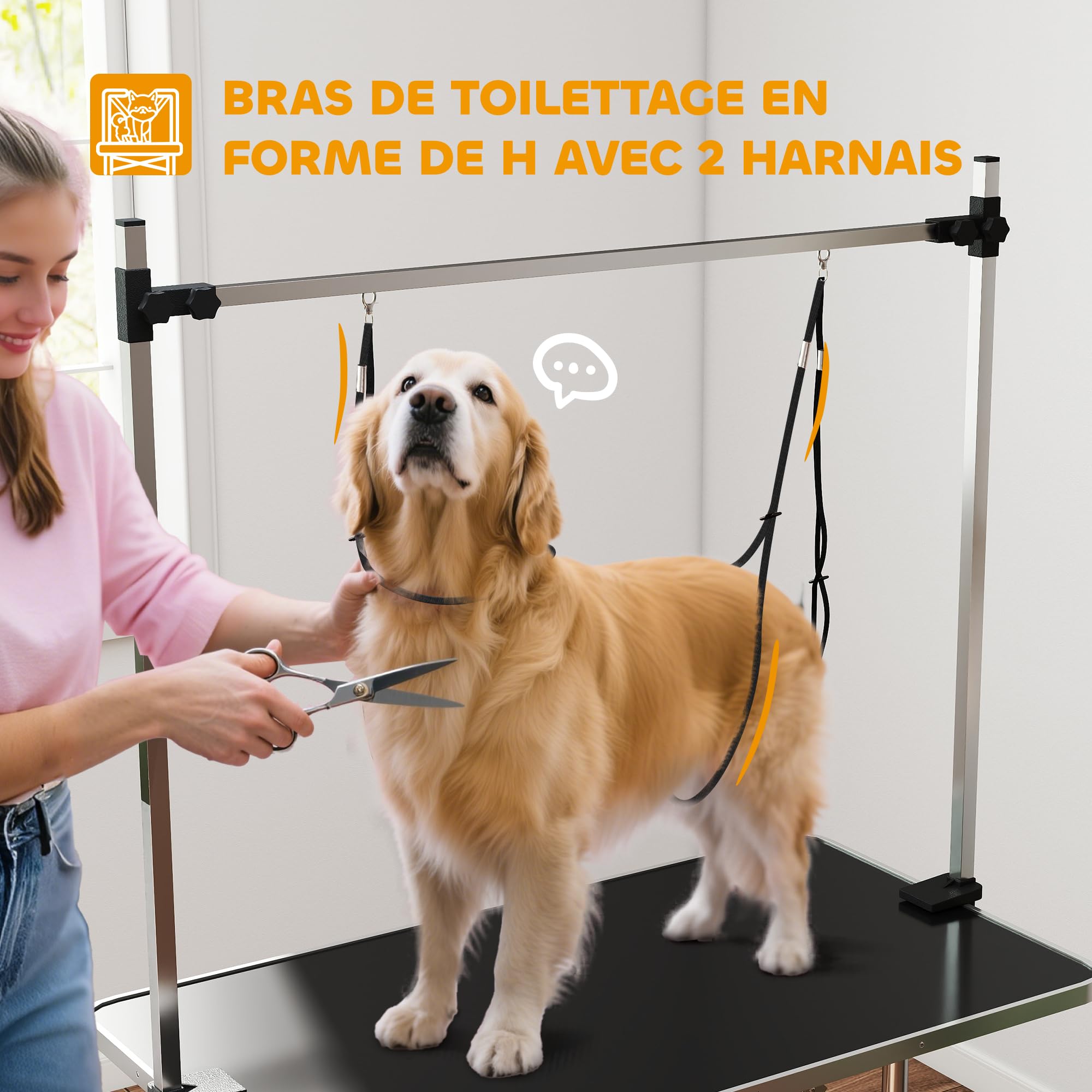 PawHut Table de toilettage pour Chien Chat Animaux, Pliante 107x60x76cm - Potence H INOX réglable - Station Robuste 100kg avec Surface antidérapante - 2 Sangles, Panier Maille - idéal Domicile - Noir