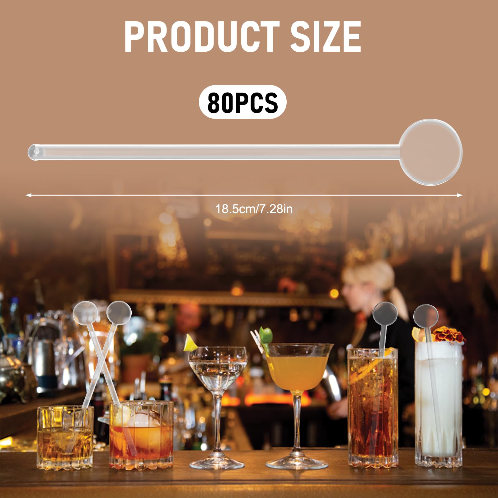 Leikedun 80 tamponi da cocktail riutilizzabili in PS - Agitatore da cocktail, bastoncini da cocktail, 18 cm, trasparenti, per caffè, cocktail, cocktail, succhi, vino, frullati, agitatore in plastica